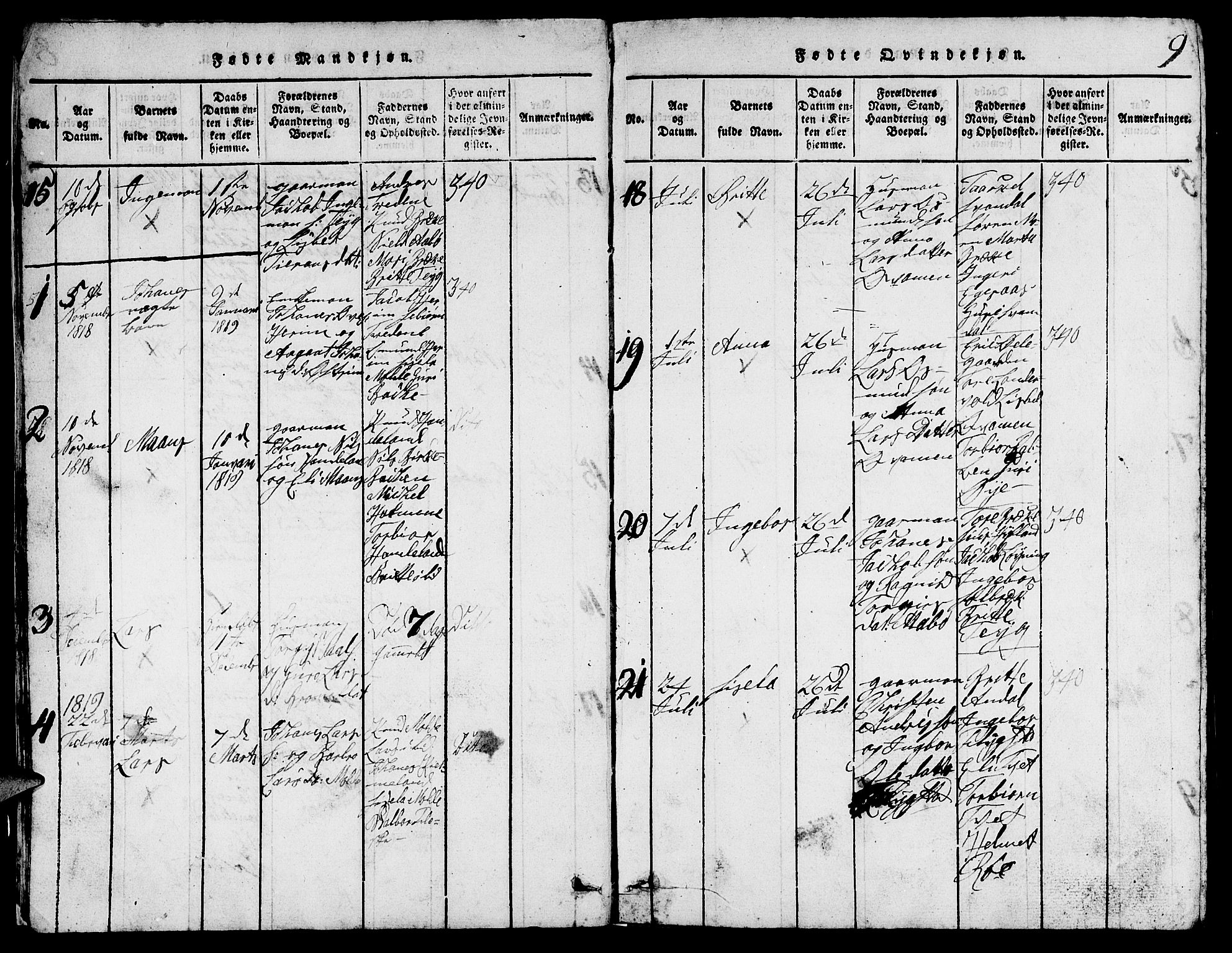 Suldal sokneprestkontor, SAST/A-101845/01/V/L0002: Parish register (copy) no. B 2, 1816-1845, p. 9