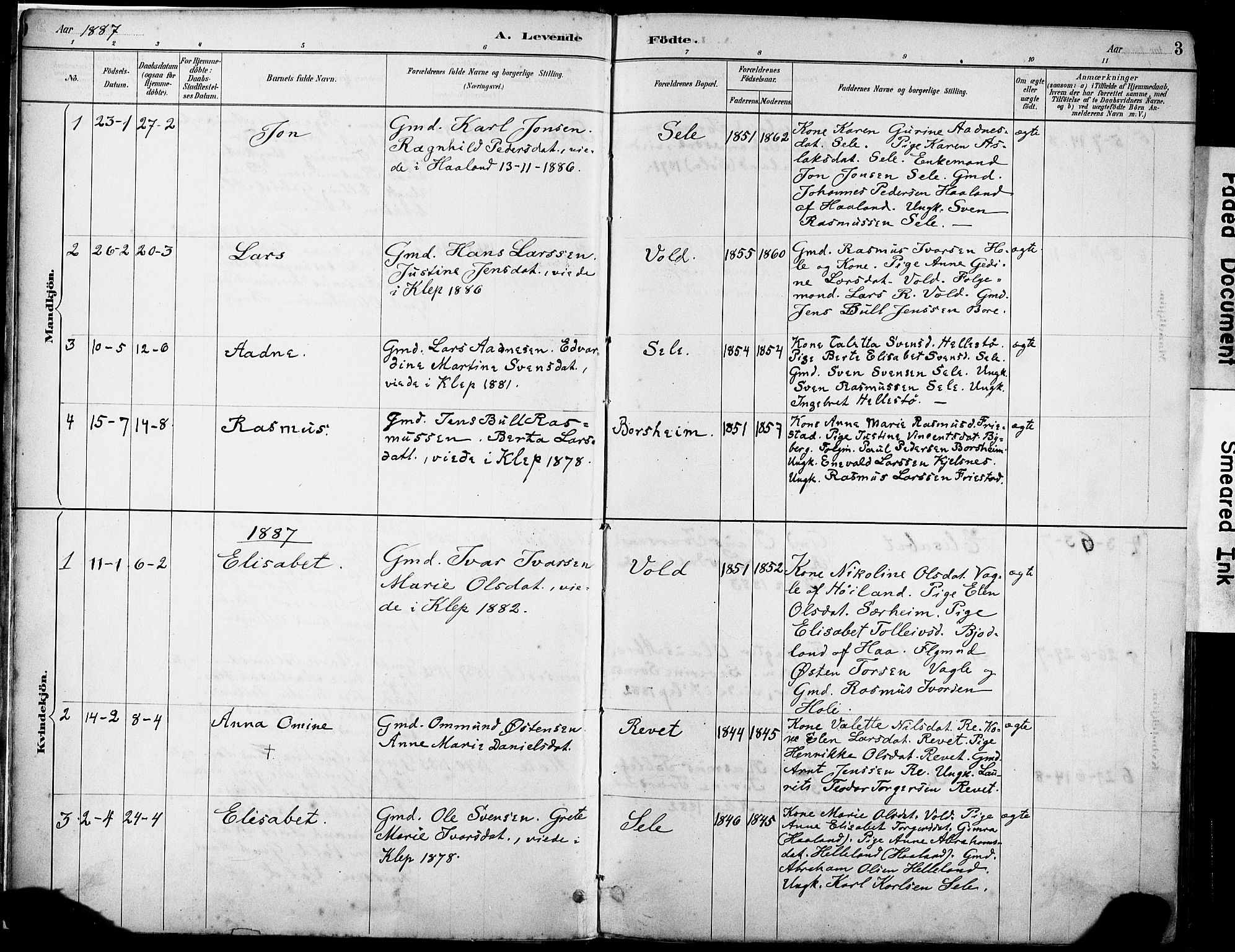 Klepp sokneprestkontor, AV/SAST-A-101803/001/3/30BA/L0008: Parish register (official) no. A 9, 1886-1919, p. 3