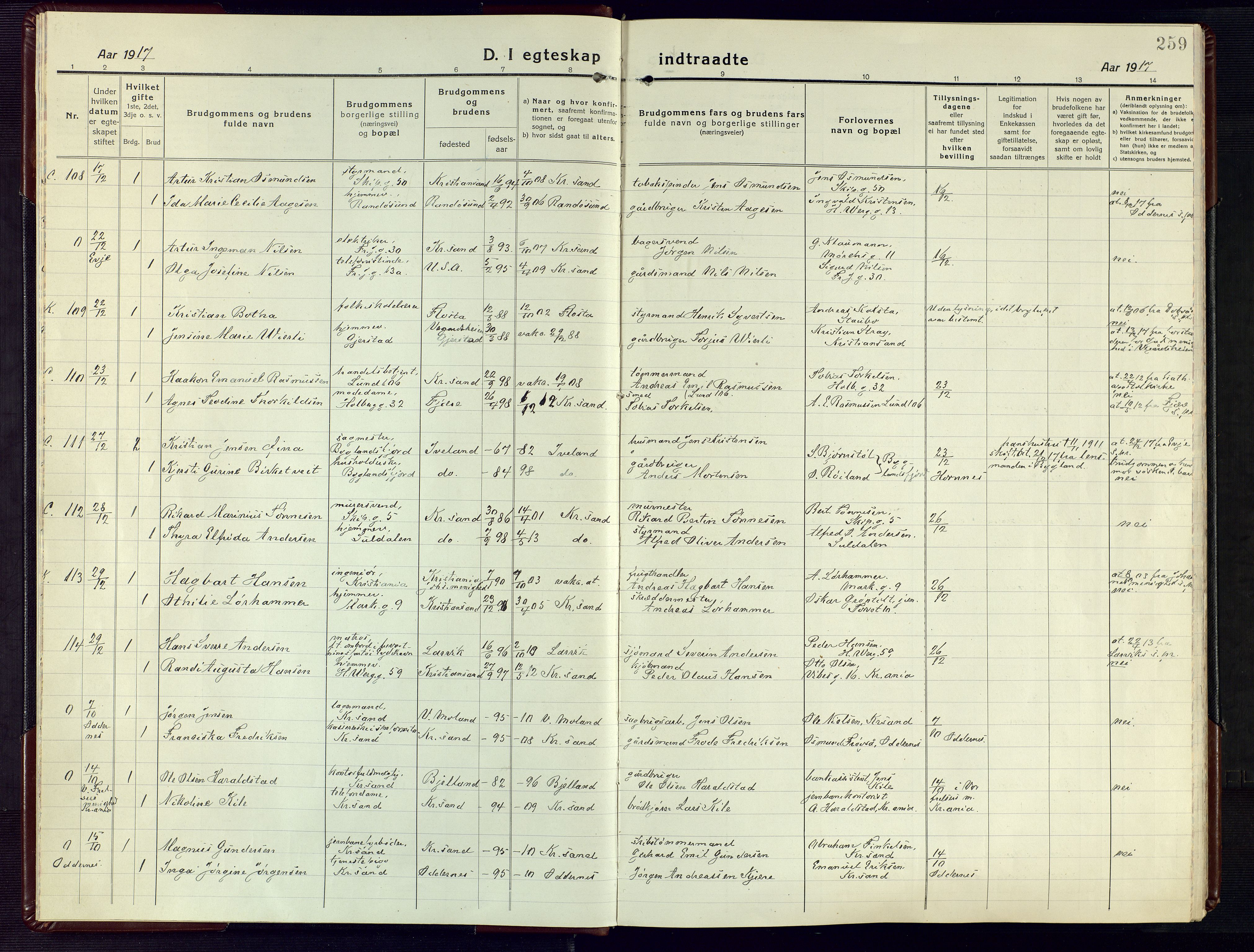 Kristiansand domprosti, AV/SAK-1112-0006/F/Fa/L0028: Parish register (official) no. A 27, 1917-1926, p. 259