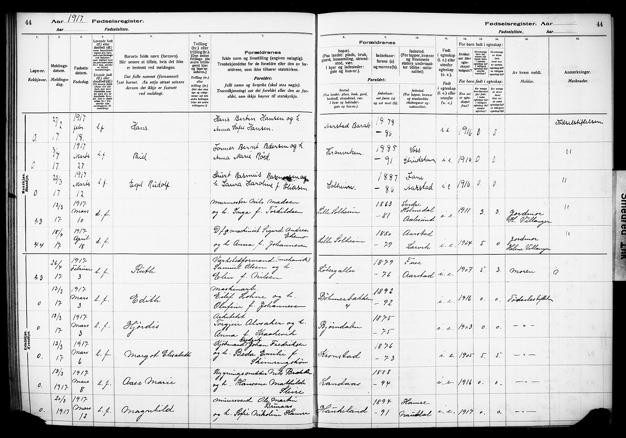 Årstad Sokneprestembete, AV/SAB-A-79301/I/Id/L0A01: Birth register no. A 1, 1916-1920, p. 44