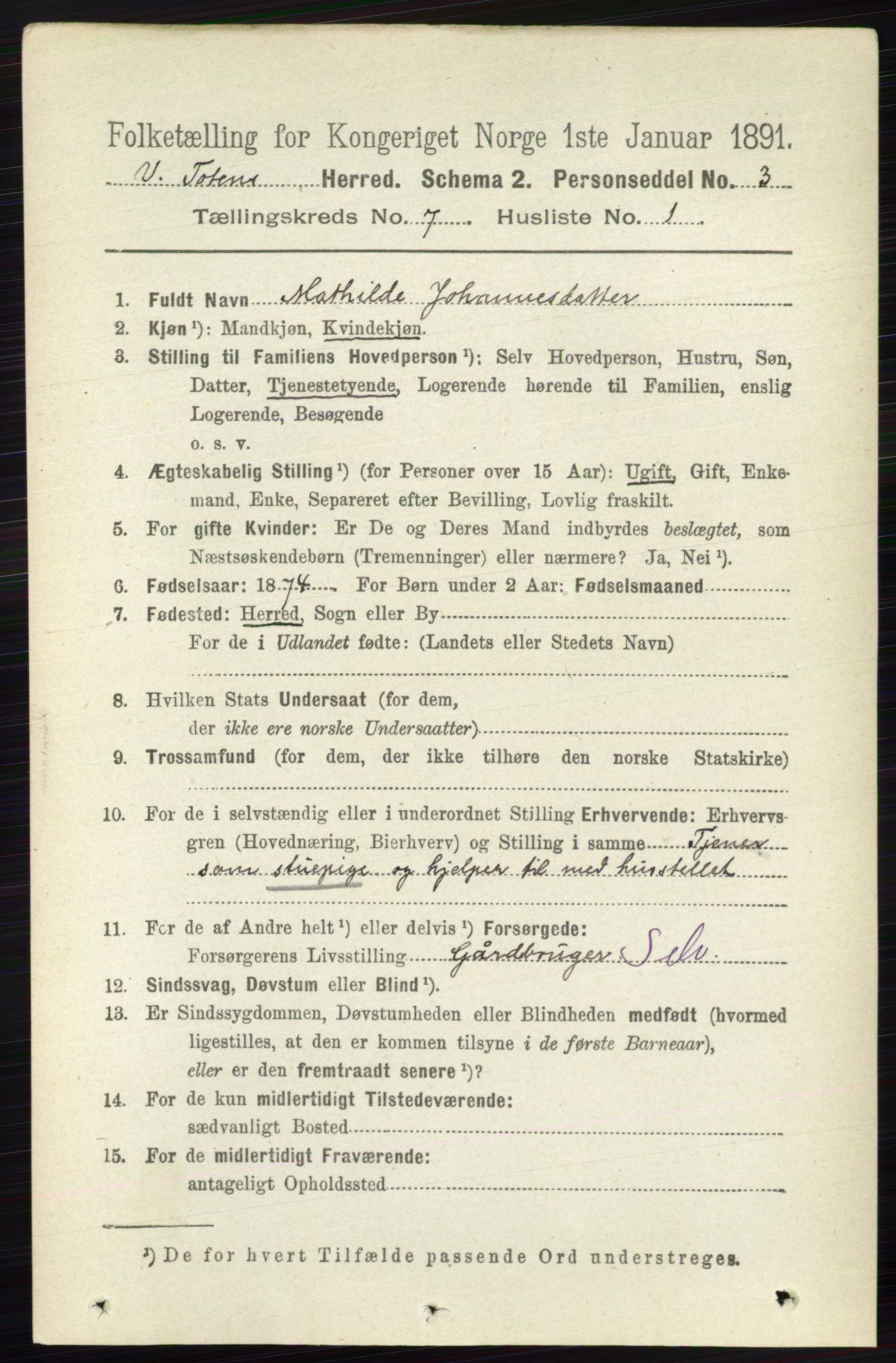 RA, 1891 census for 0529 Vestre Toten, 1891, p. 4377