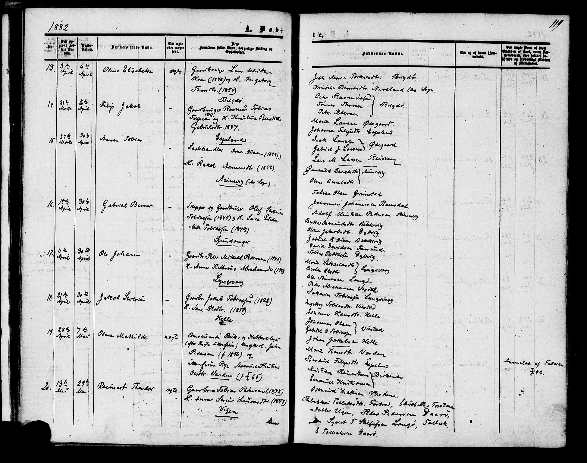 Herad sokneprestkontor, AV/SAK-1111-0018/F/Fa/Fab/L0004: Parish register (official) no. A 4, 1853-1885, p. 119