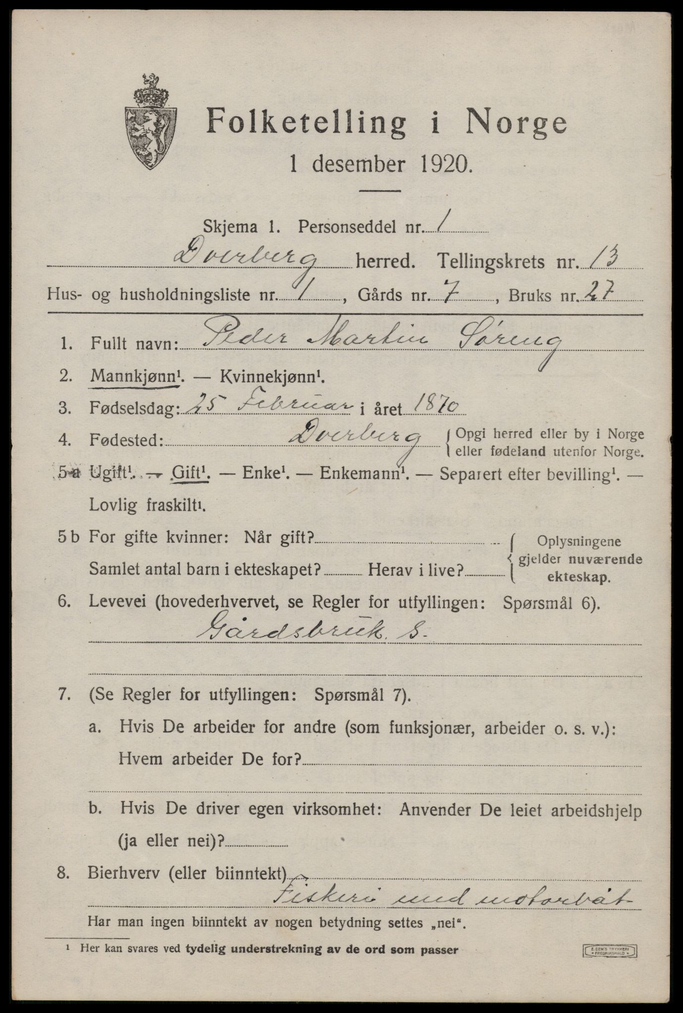 SAT, 1920 census for Dverberg, 1920, p. 9892