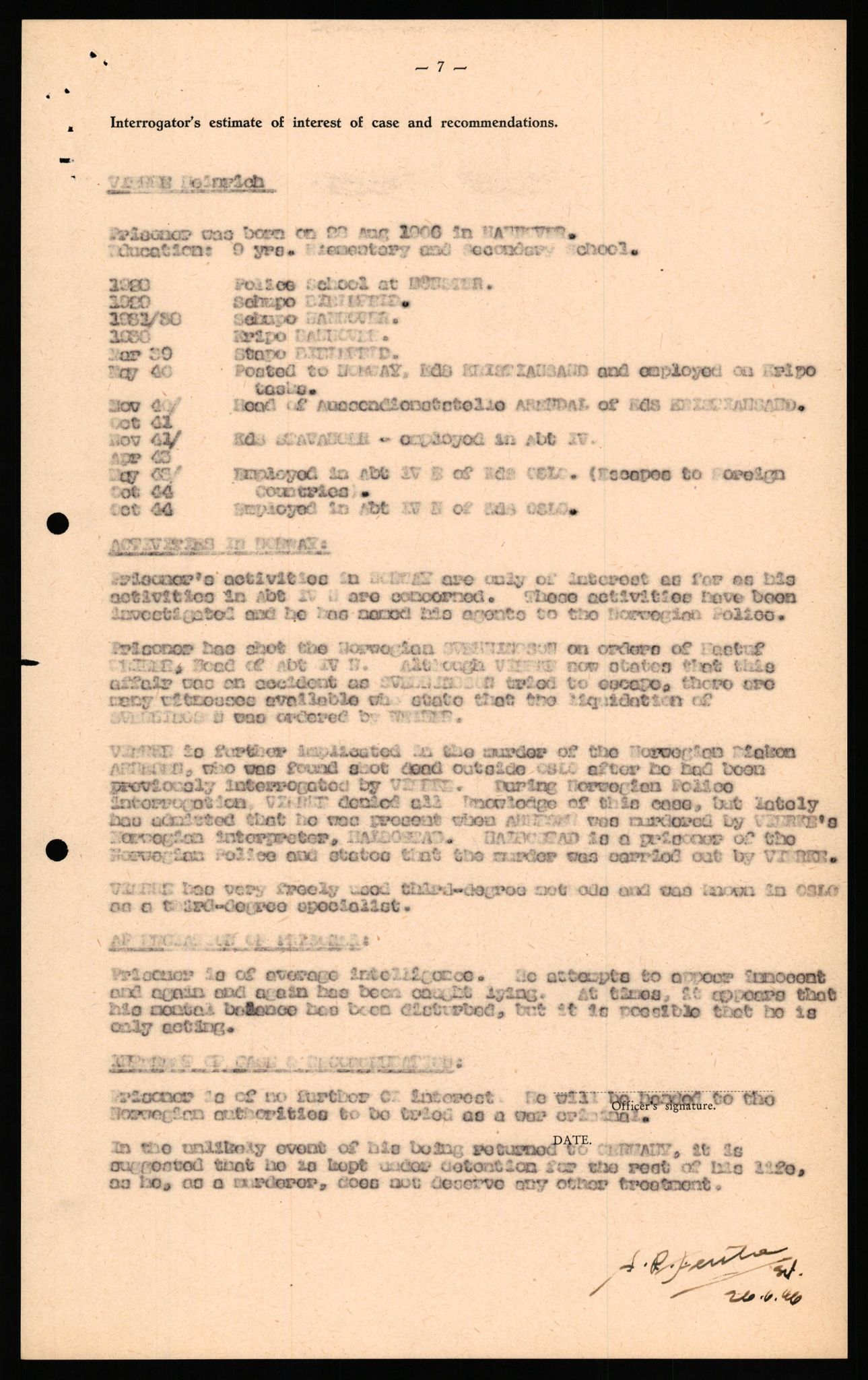 Forsvaret, Forsvarets overkommando II, AV/RA-RAFA-3915/D/Db/L0034: CI Questionaires. Tyske okkupasjonsstyrker i Norge. Tyskere., 1945-1946, p. 276