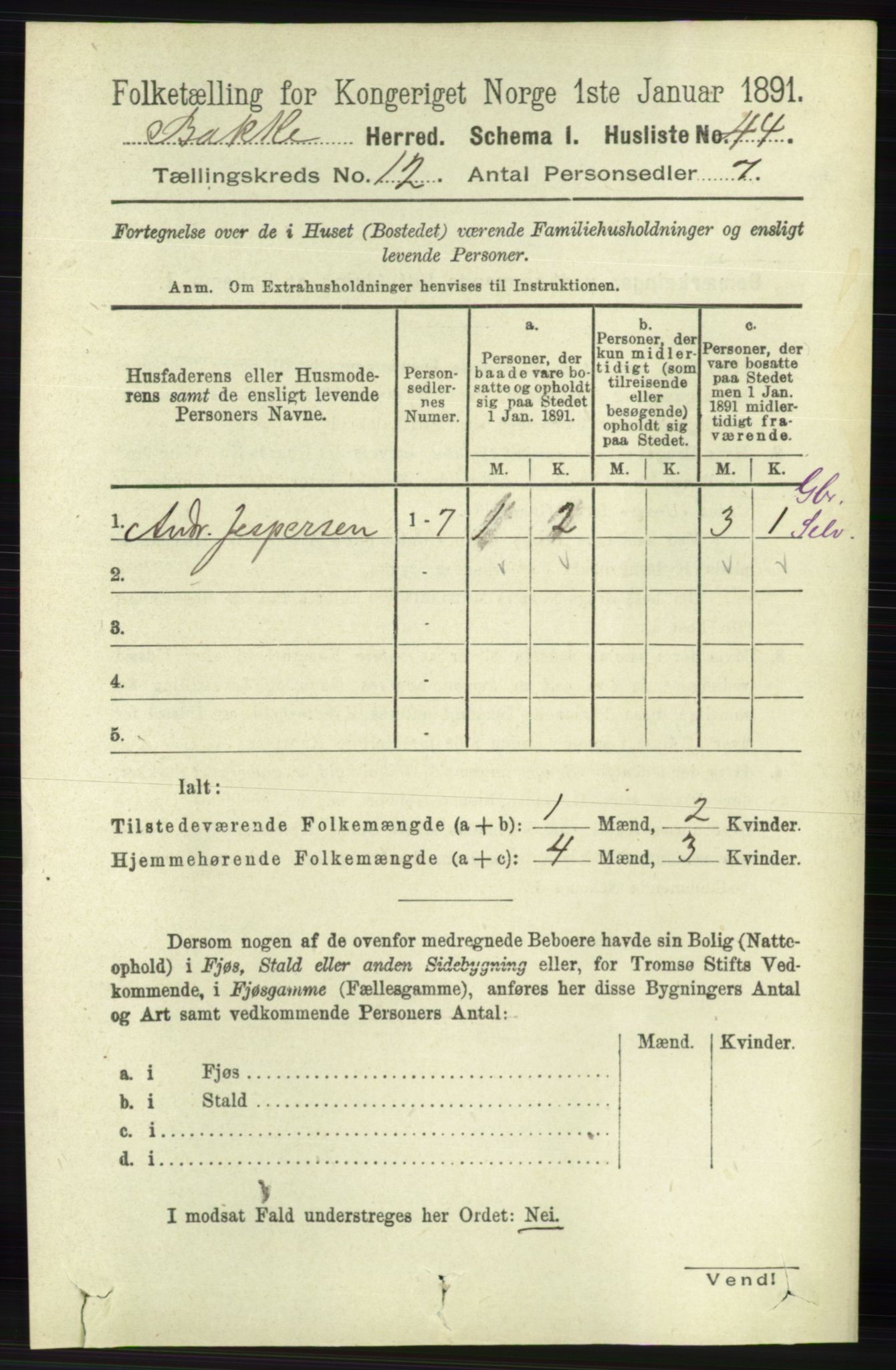 RA, 1891 census for 1045 Bakke, 1891, p. 2424