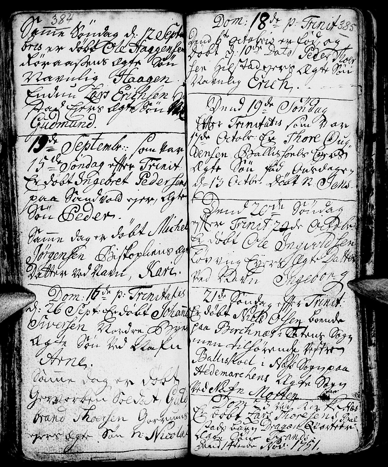 Nes prestekontor, Hedmark, AV/SAH-PREST-020/L/La/L0001: Parish register (copy) no. 1, 1663-1784, p. 384-385