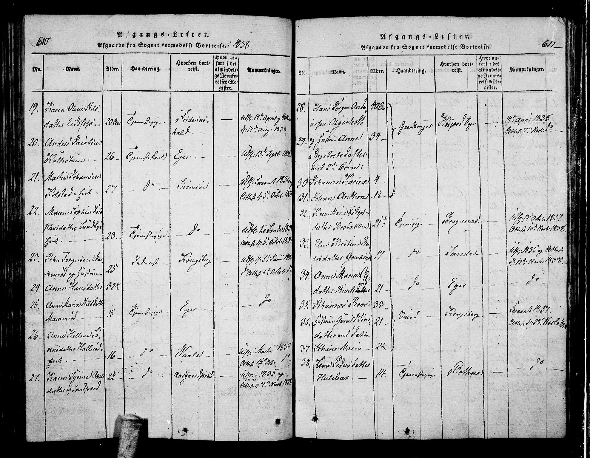 Hof kirkebøker, AV/SAKO-A-64/F/Fa/L0004: Parish register (official) no. I 4, 1814-1843, p. 610-611