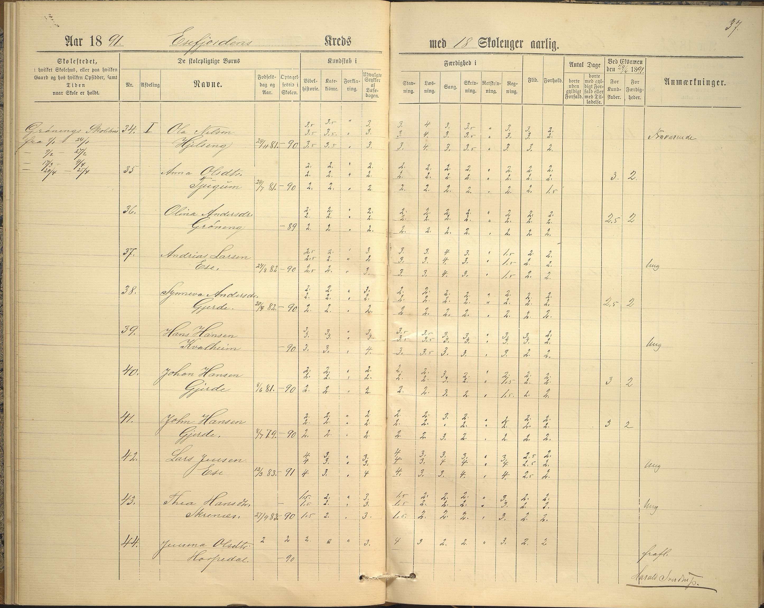 Balestrand kommune. Grøneng skule/Esefjorden skulekrins, VLFK/K-14180.520.07/542/L0001: skuleprotokoll for Esefjorden skulekrins, 1885-1913, p. 34