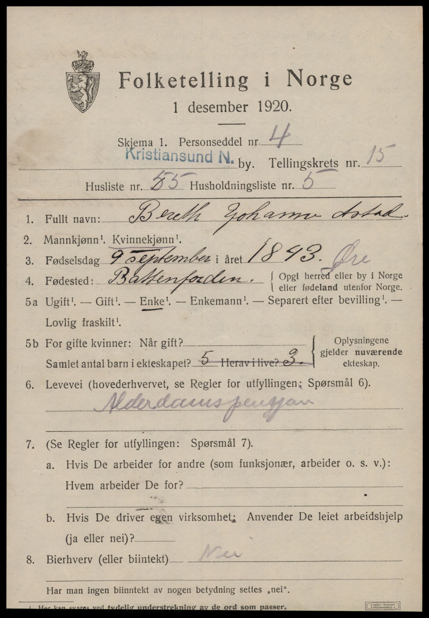 SAT, 1920 census for Kristiansund, 1920, p. 32079