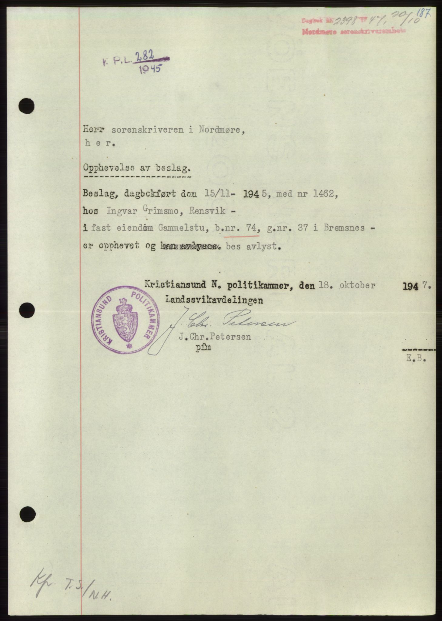 Nordmøre sorenskriveri, AV/SAT-A-4132/1/2/2Ca: Mortgage book no. B97, 1947-1948, Diary no: : 2398/1947