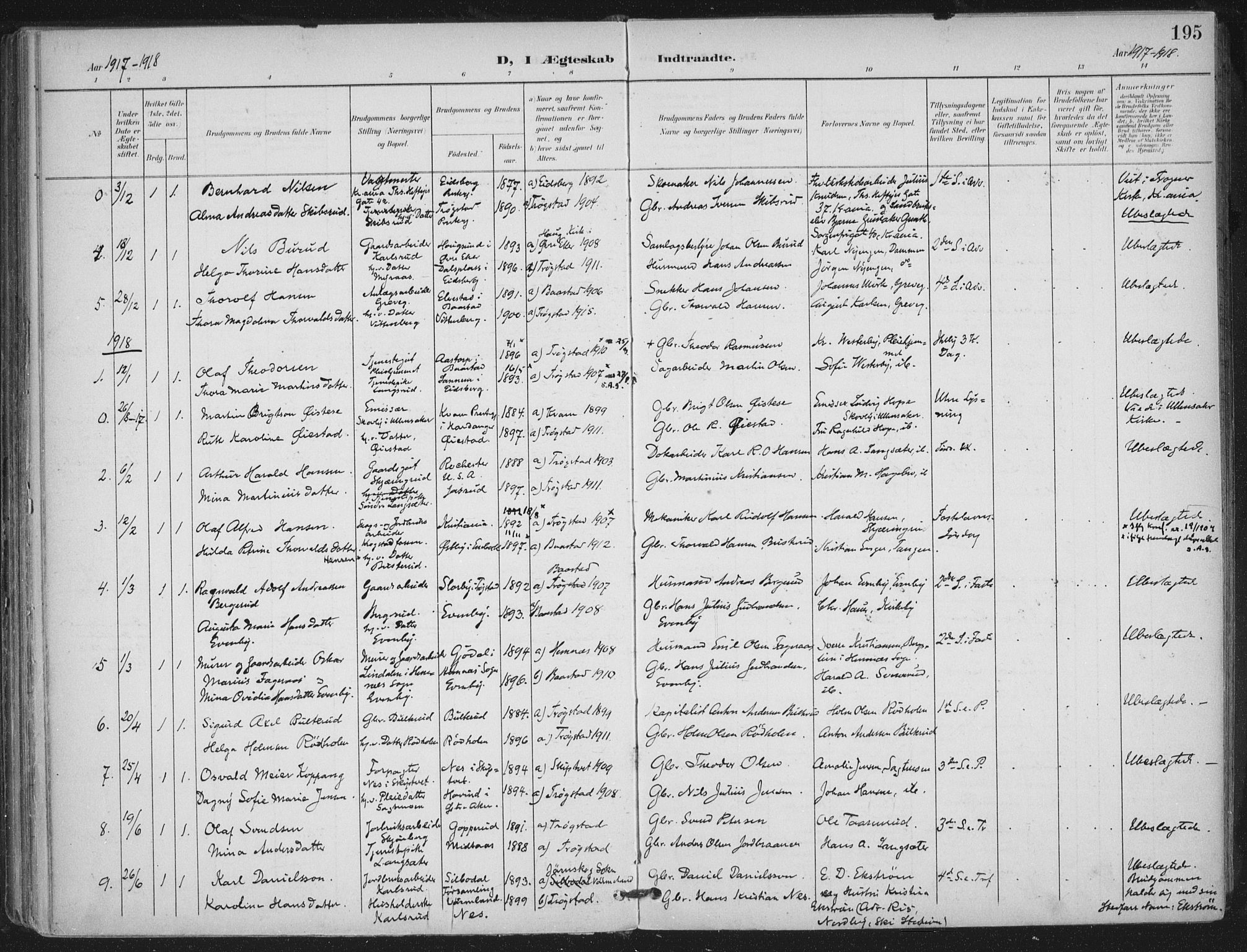 Trøgstad prestekontor Kirkebøker, AV/SAO-A-10925/F/Fa/L0011: Parish register (official) no. I 11, 1899-1919, p. 195