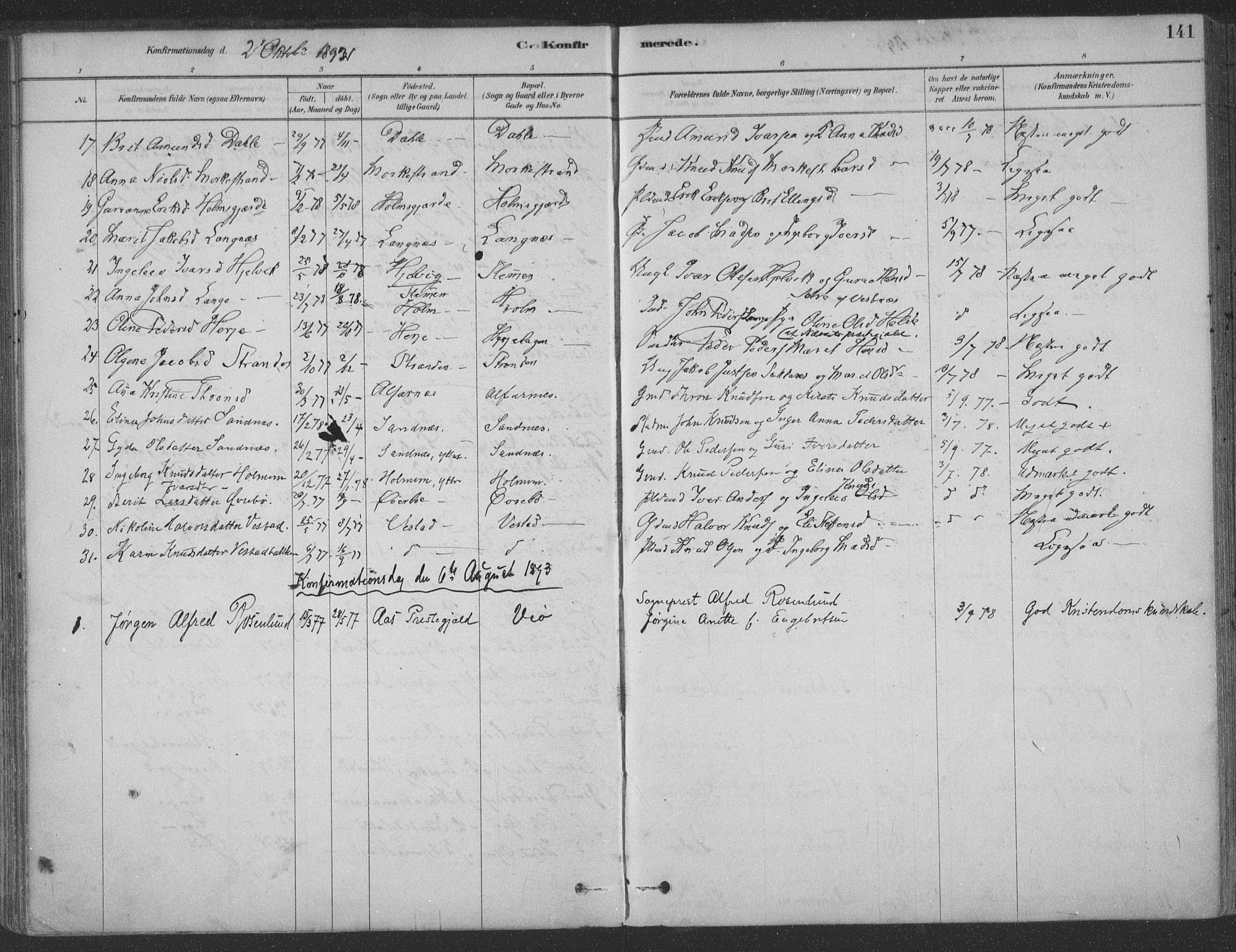 Ministerialprotokoller, klokkerbøker og fødselsregistre - Møre og Romsdal, AV/SAT-A-1454/547/L0604: Parish register (official) no. 547A06, 1878-1906, p. 141