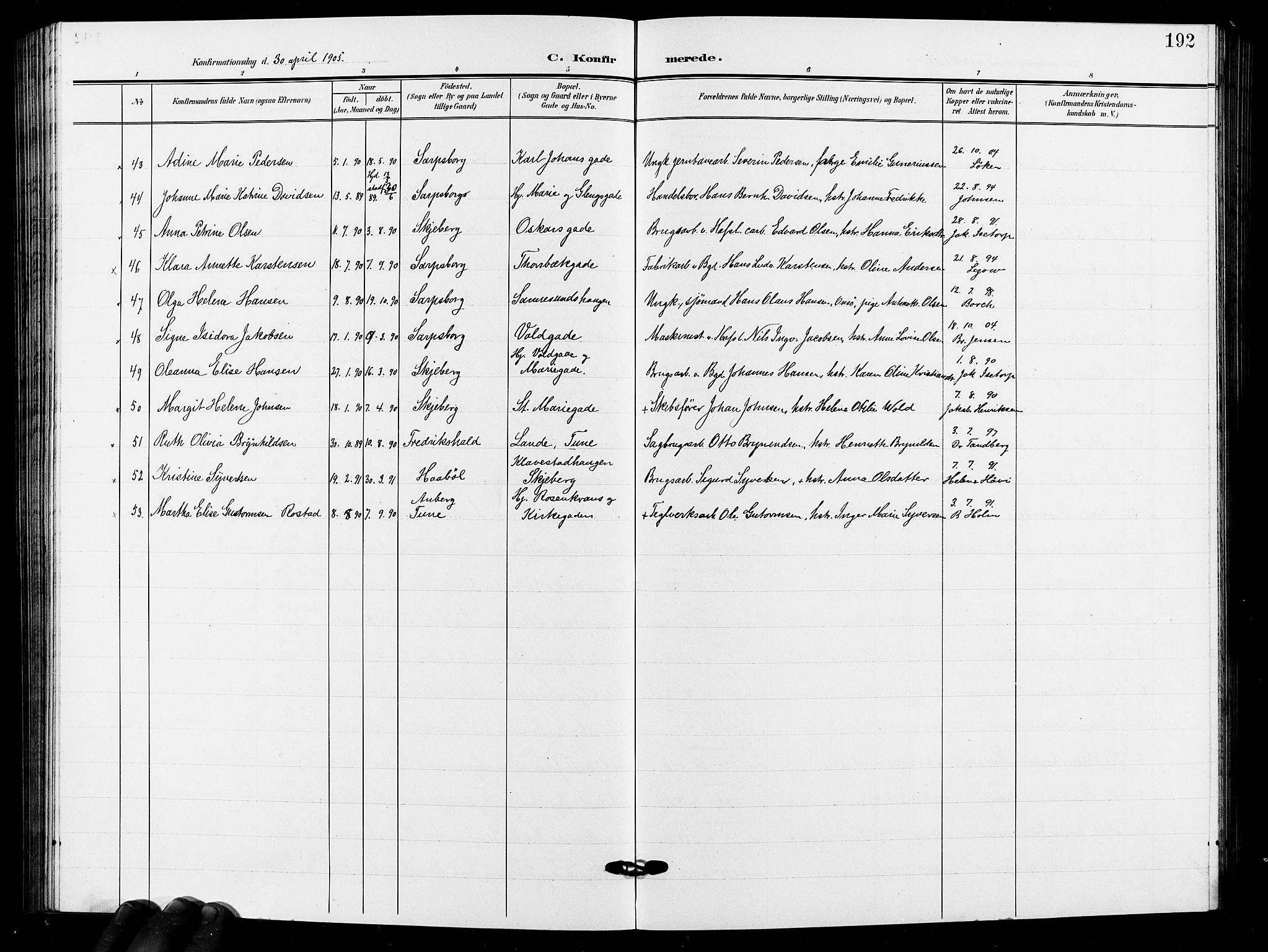 Sarpsborg prestekontor Kirkebøker, AV/SAO-A-2006/G/Ga/L0001: Parish register (copy) no. 1, 1902-1911, p. 192