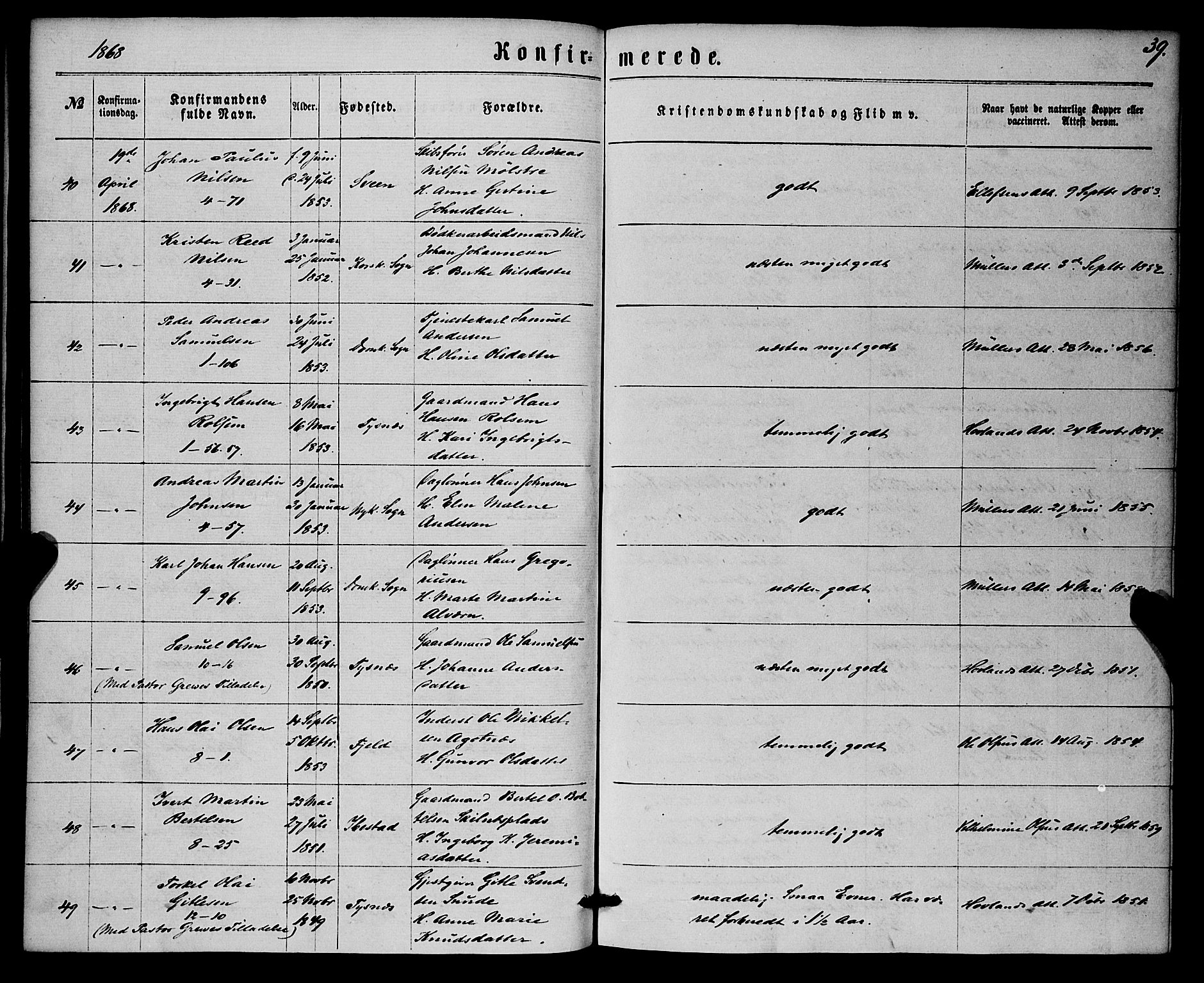 Nykirken Sokneprestembete, AV/SAB-A-77101/H/Haa/L0024: Parish register (official) no. C 3, 1864-1870, p. 39