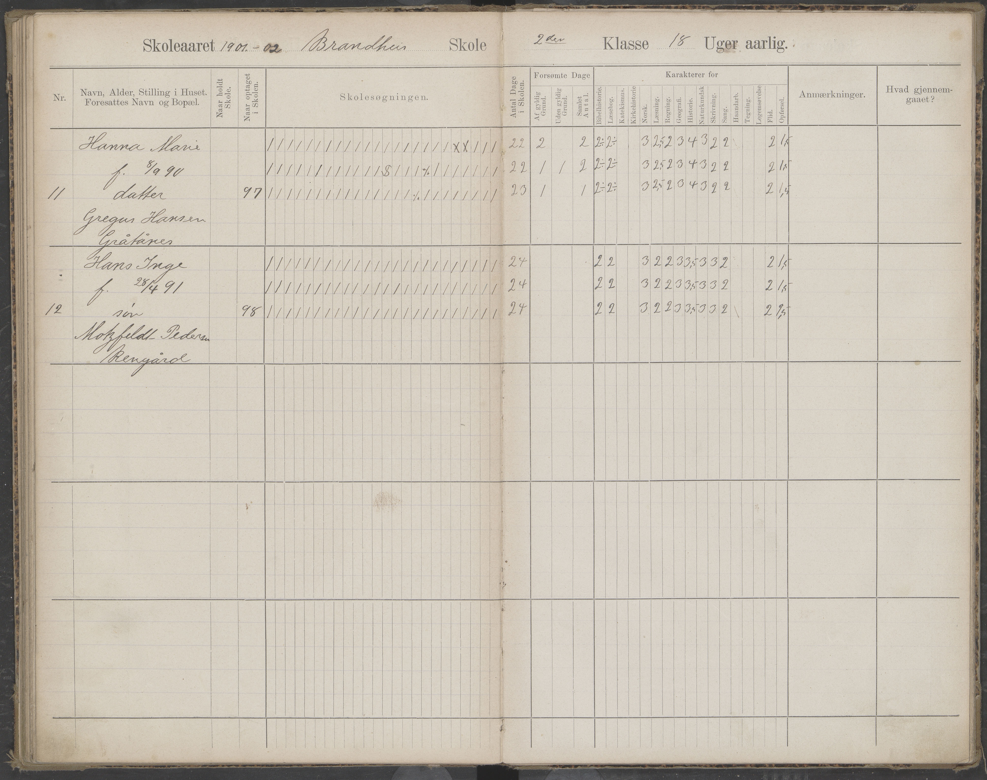 Beiarn kommune. Brandhei skolekrets, AIN/K-18390.510.03/442/L0003: Karakter/oversiktsprotokoll, 1893-1910