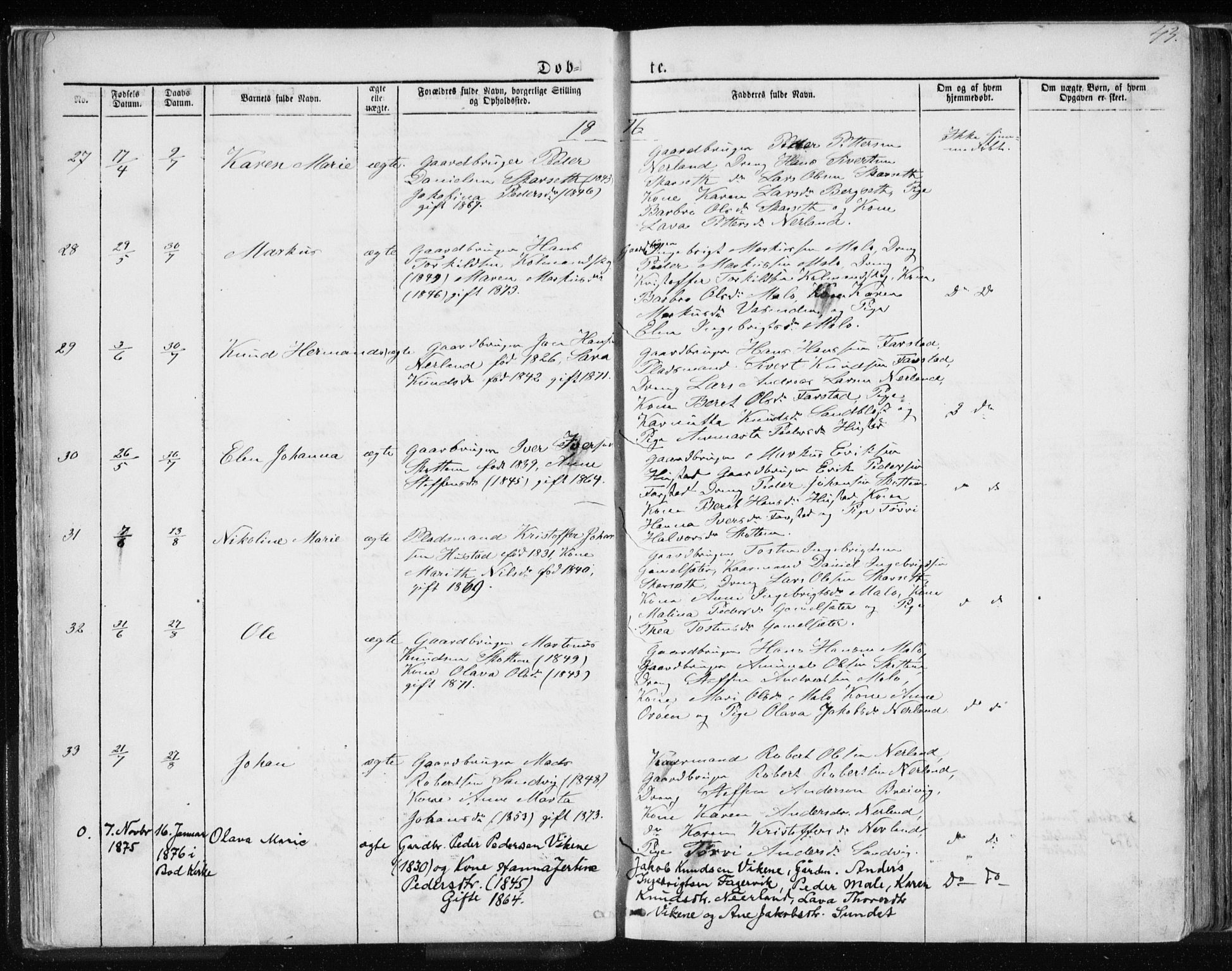 Ministerialprotokoller, klokkerbøker og fødselsregistre - Møre og Romsdal, AV/SAT-A-1454/567/L0782: Parish register (copy) no. 567C02, 1867-1886, p. 43