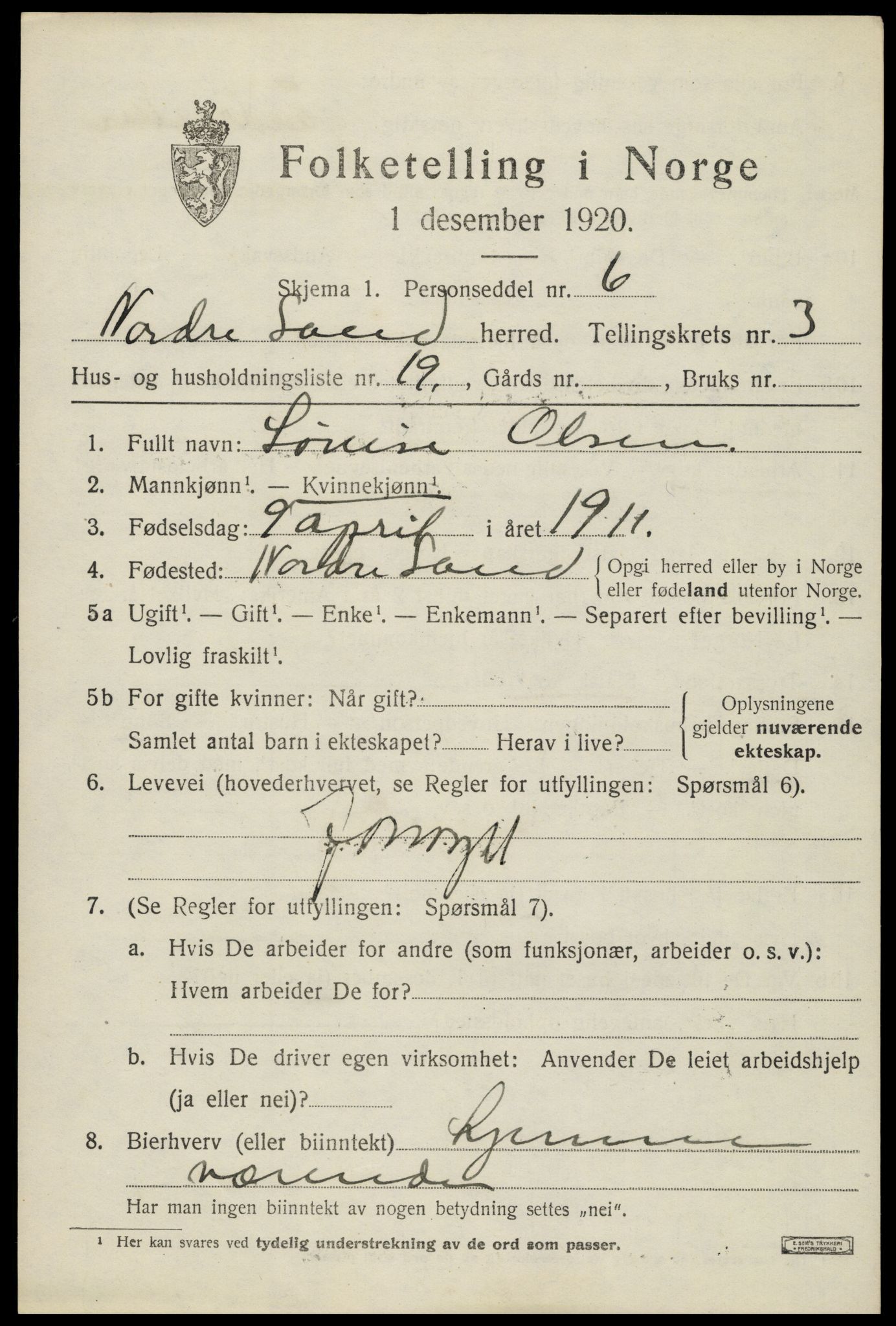 SAH, 1920 census for Nordre Land, 1920, p. 2441