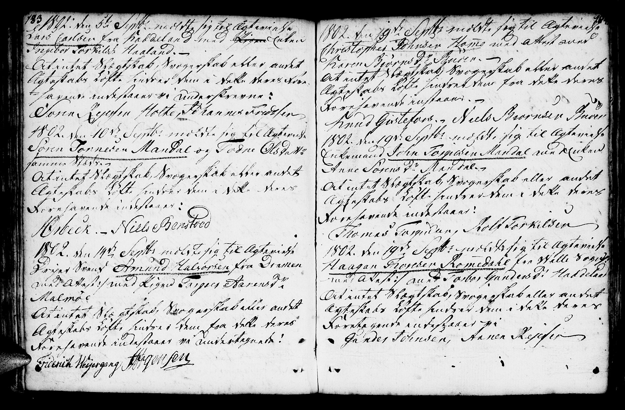 Mandal sokneprestkontor, AV/SAK-1111-0030/F/Fa/Faa/L0007: Parish register (official) no. A 7, 1783-1818, p. 183-184