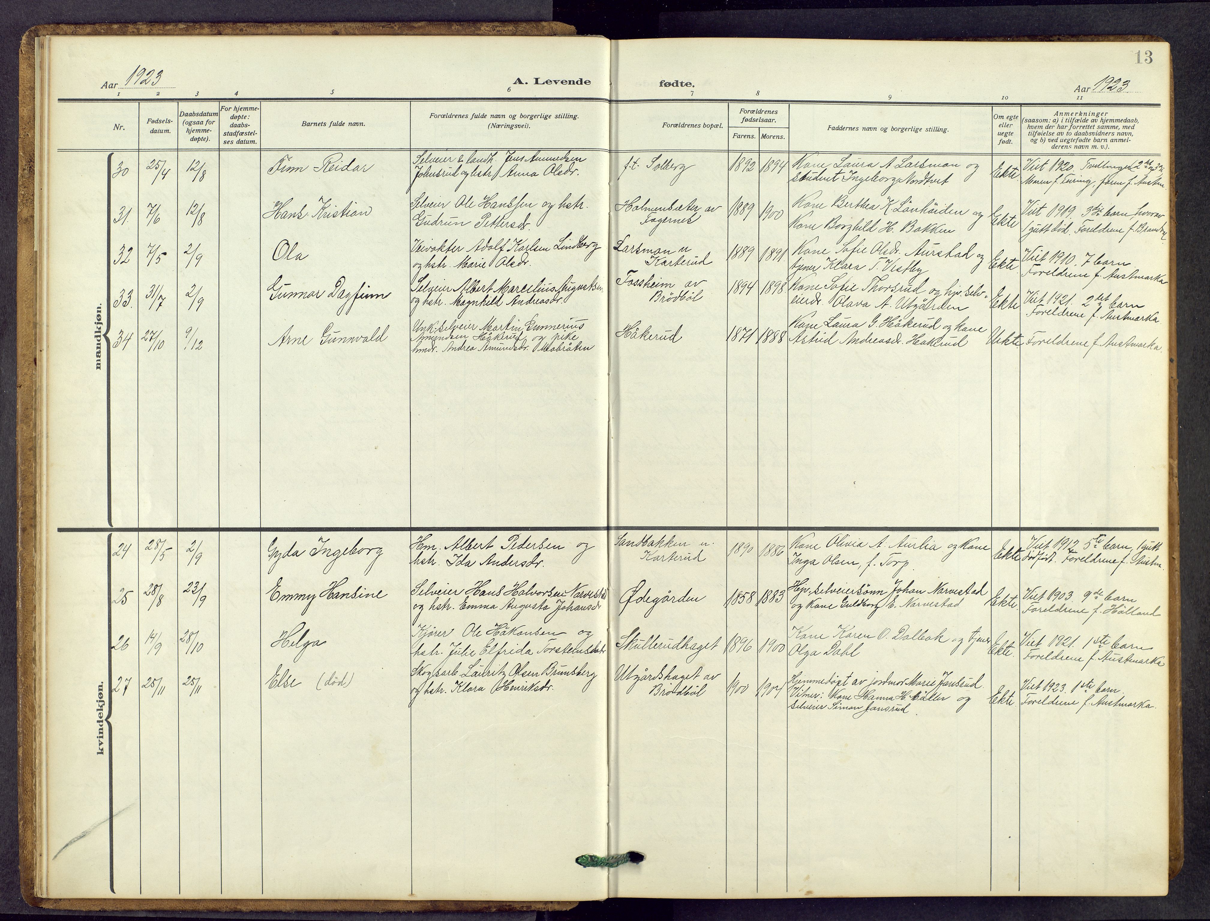 Vinger prestekontor, AV/SAH-PREST-024/H/Ha/Hab/L0006: Parish register (copy) no. 6, 1921-1973, p. 13