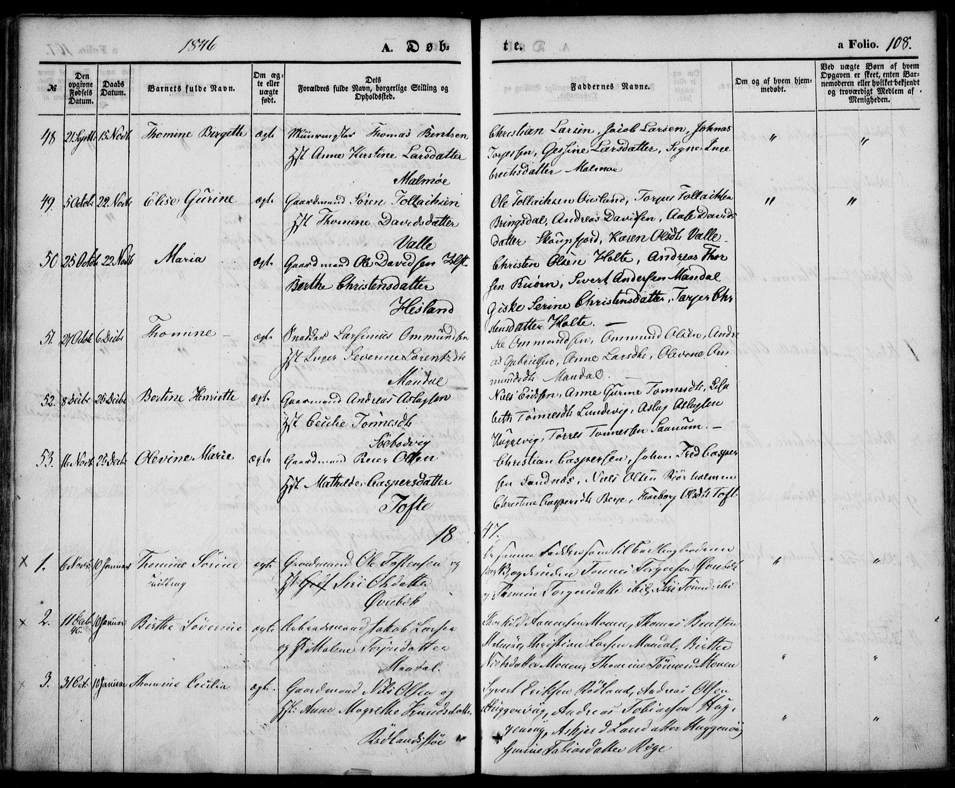 Mandal sokneprestkontor, SAK/1111-0030/F/Fa/Faa/L0012: Parish register (official) no. A 12, 1840-1847, p. 108