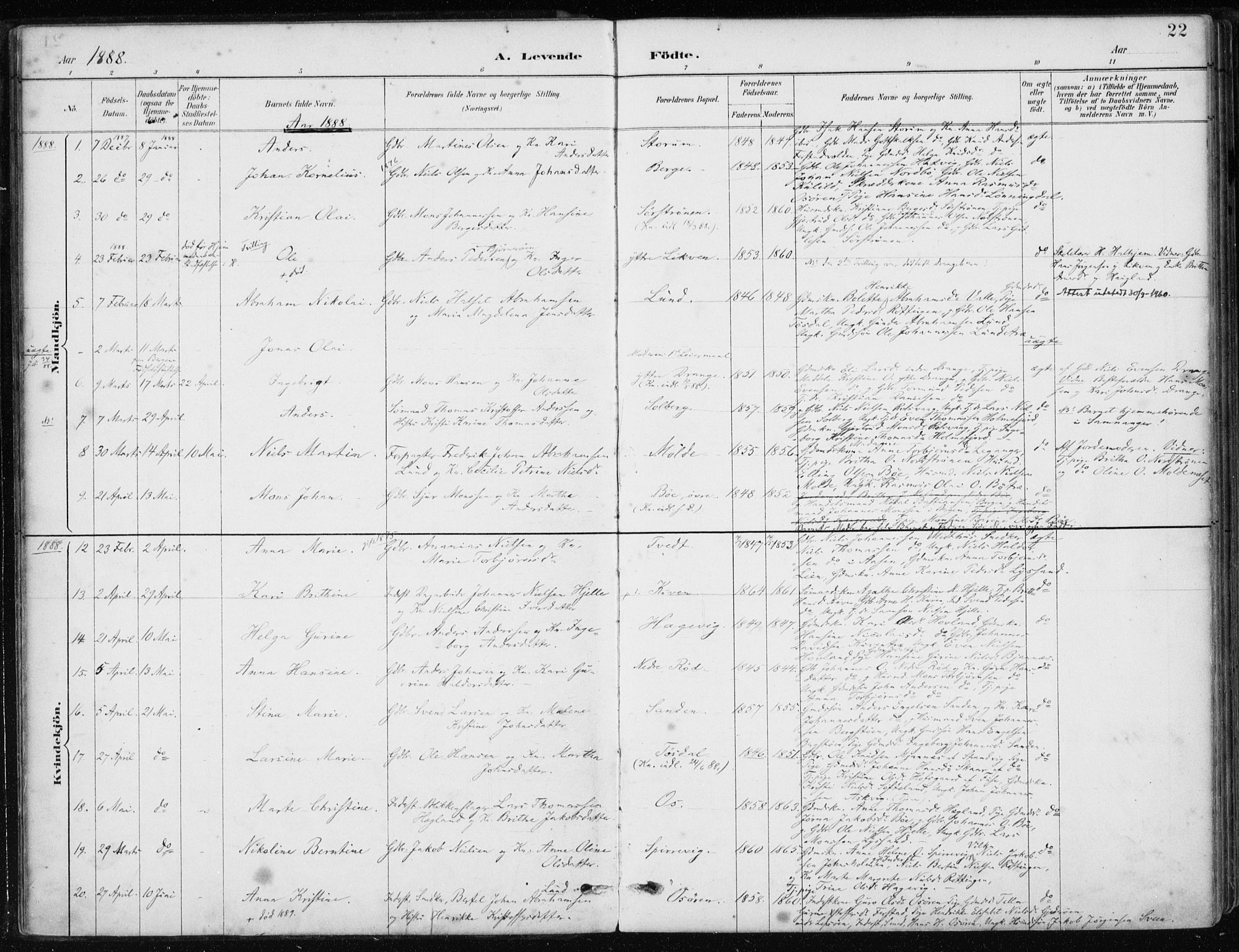 Os sokneprestembete, AV/SAB-A-99929: Parish register (official) no. B 1, 1885-1902, p. 22