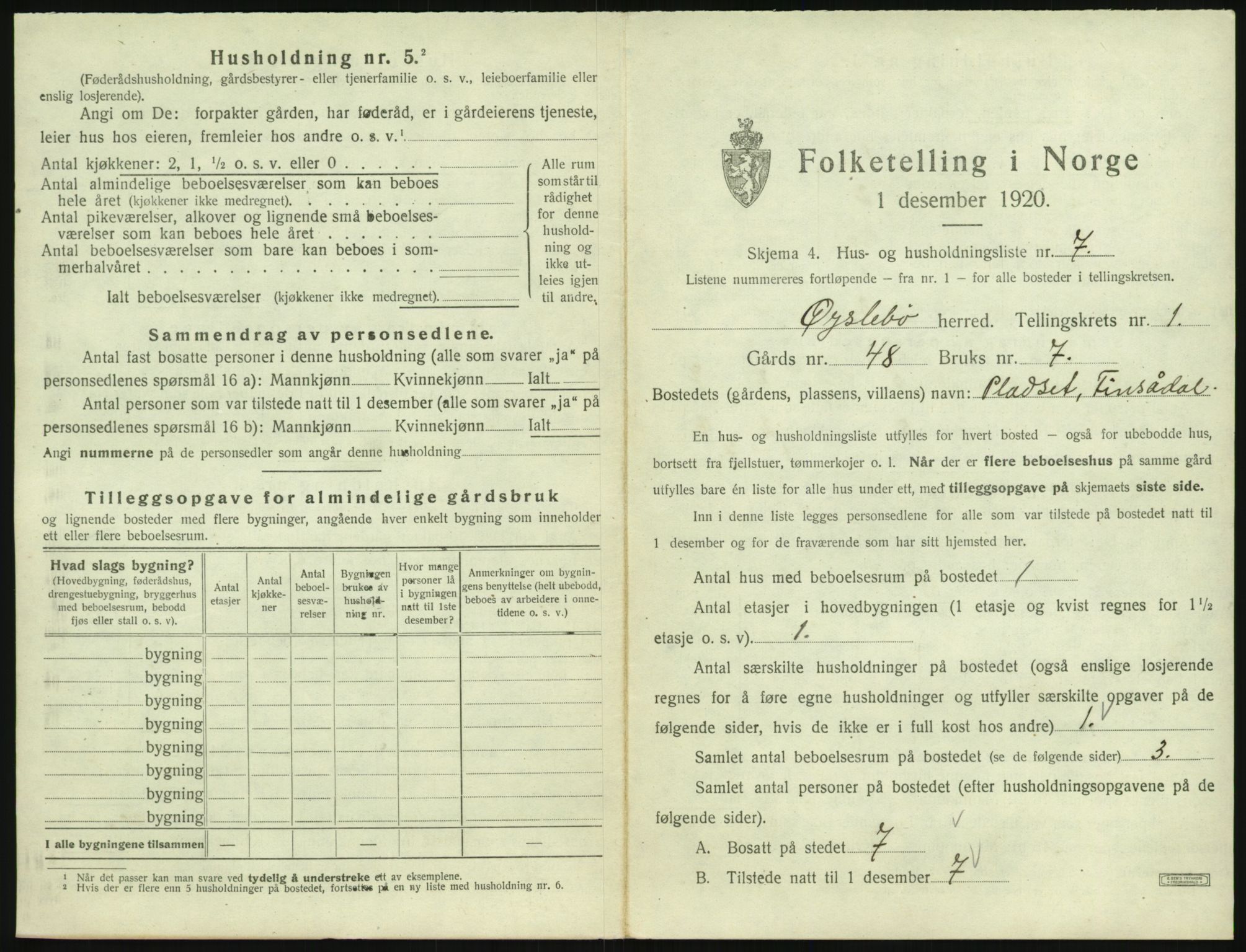 SAK, 1920 census for Øyslebø, 1920, p. 48