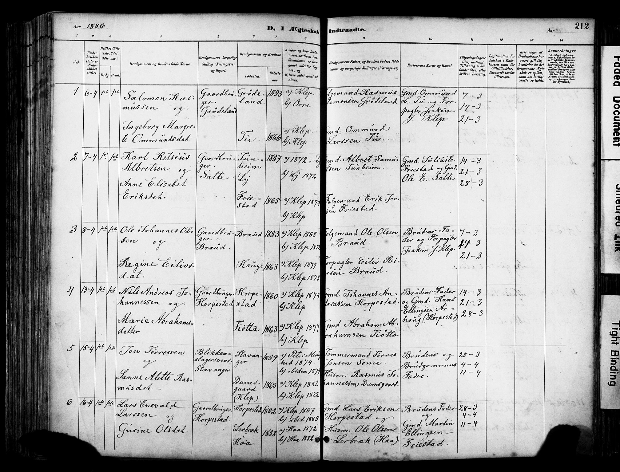 Klepp sokneprestkontor, SAST/A-101803/001/3/30BA/L0009: Parish register (official) no. A 7, 1886-1915, p. 212