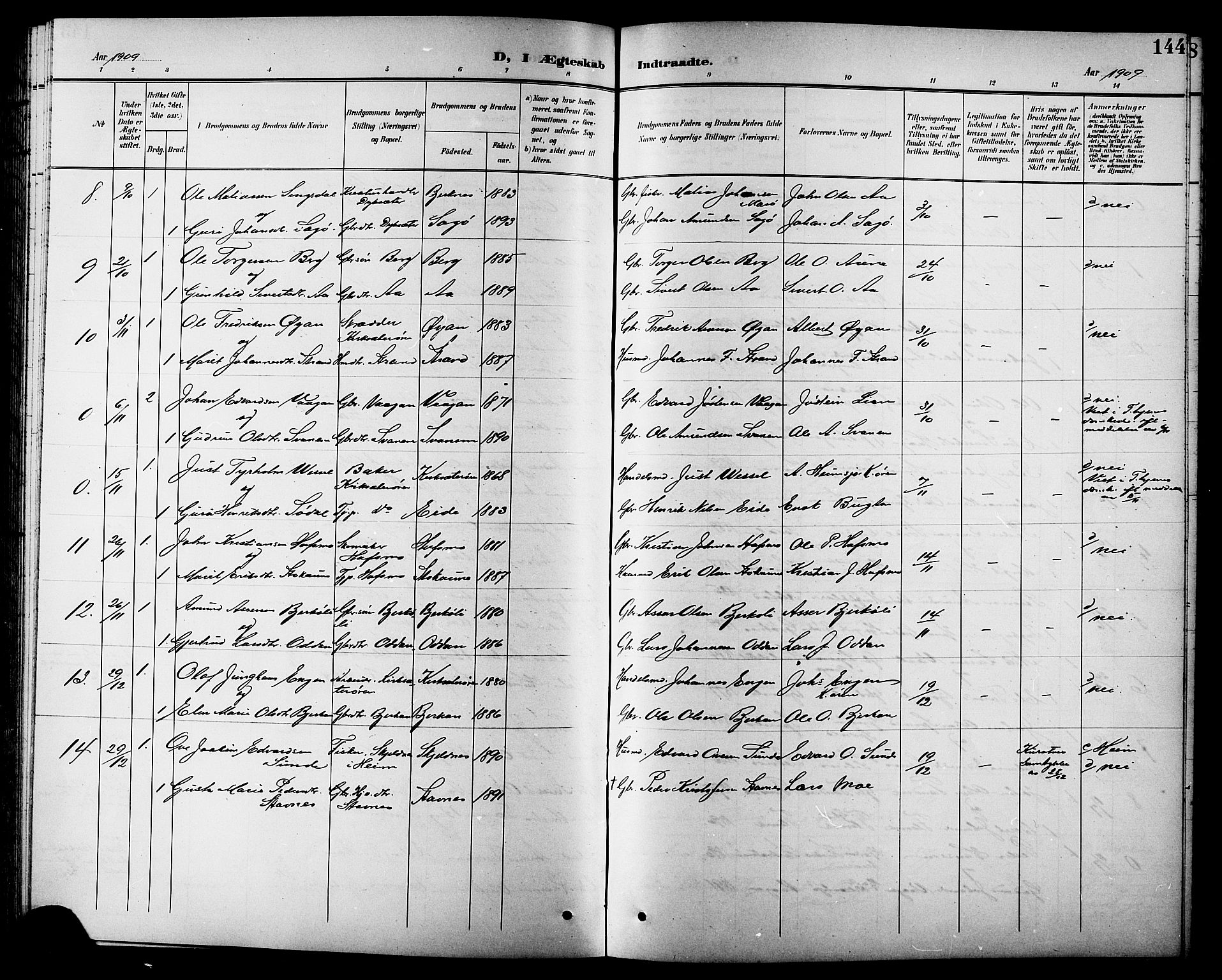 Ministerialprotokoller, klokkerbøker og fødselsregistre - Sør-Trøndelag, AV/SAT-A-1456/630/L0505: Parish register (copy) no. 630C03, 1899-1914, p. 144