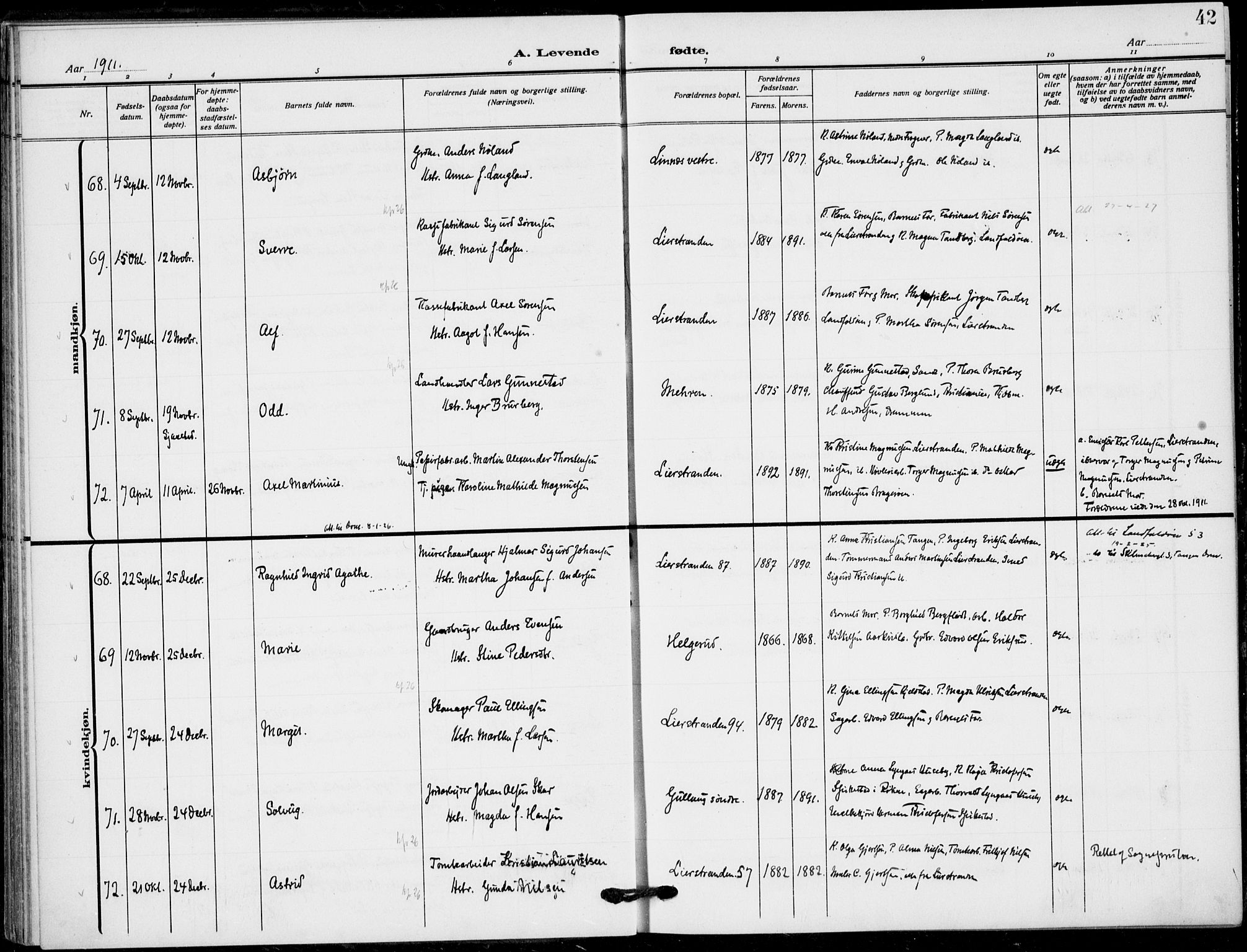 Lier kirkebøker, SAKO/A-230/F/Fa/L0018: Parish register (official) no. I 18, 1909-1917, p. 42