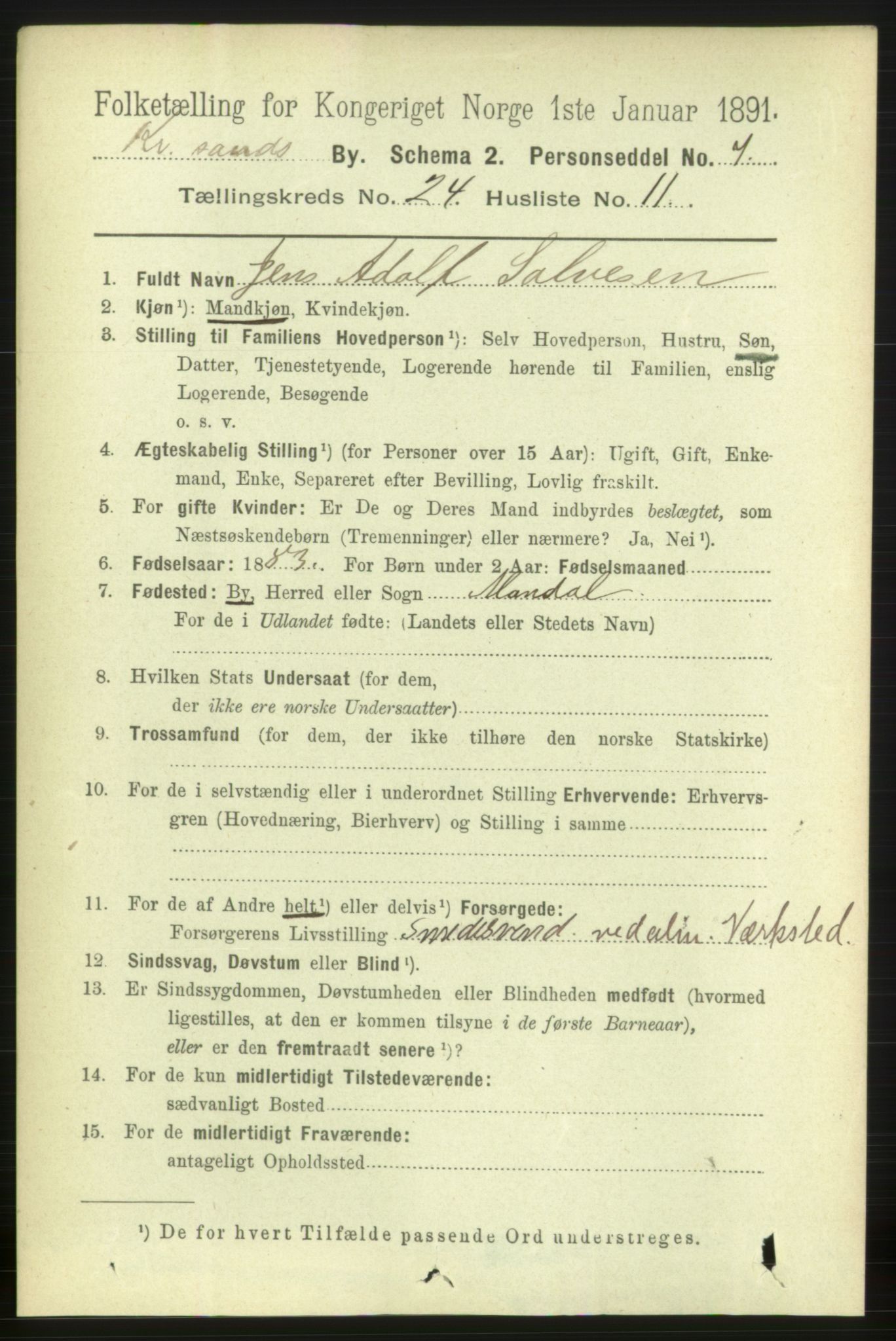 RA, 1891 census for 1001 Kristiansand, 1891, p. 8692