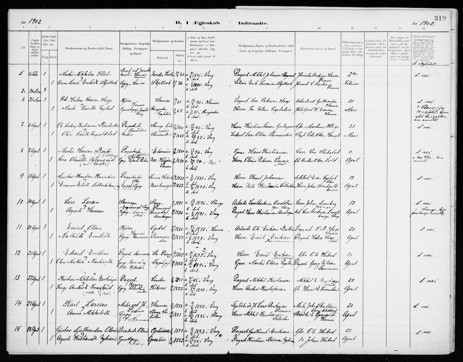 Vang prestekontor, Hedmark, AV/SAH-PREST-008/H/Ha/Haa/L0021: Parish register (official) no. 21, 1902-1917, p. 319