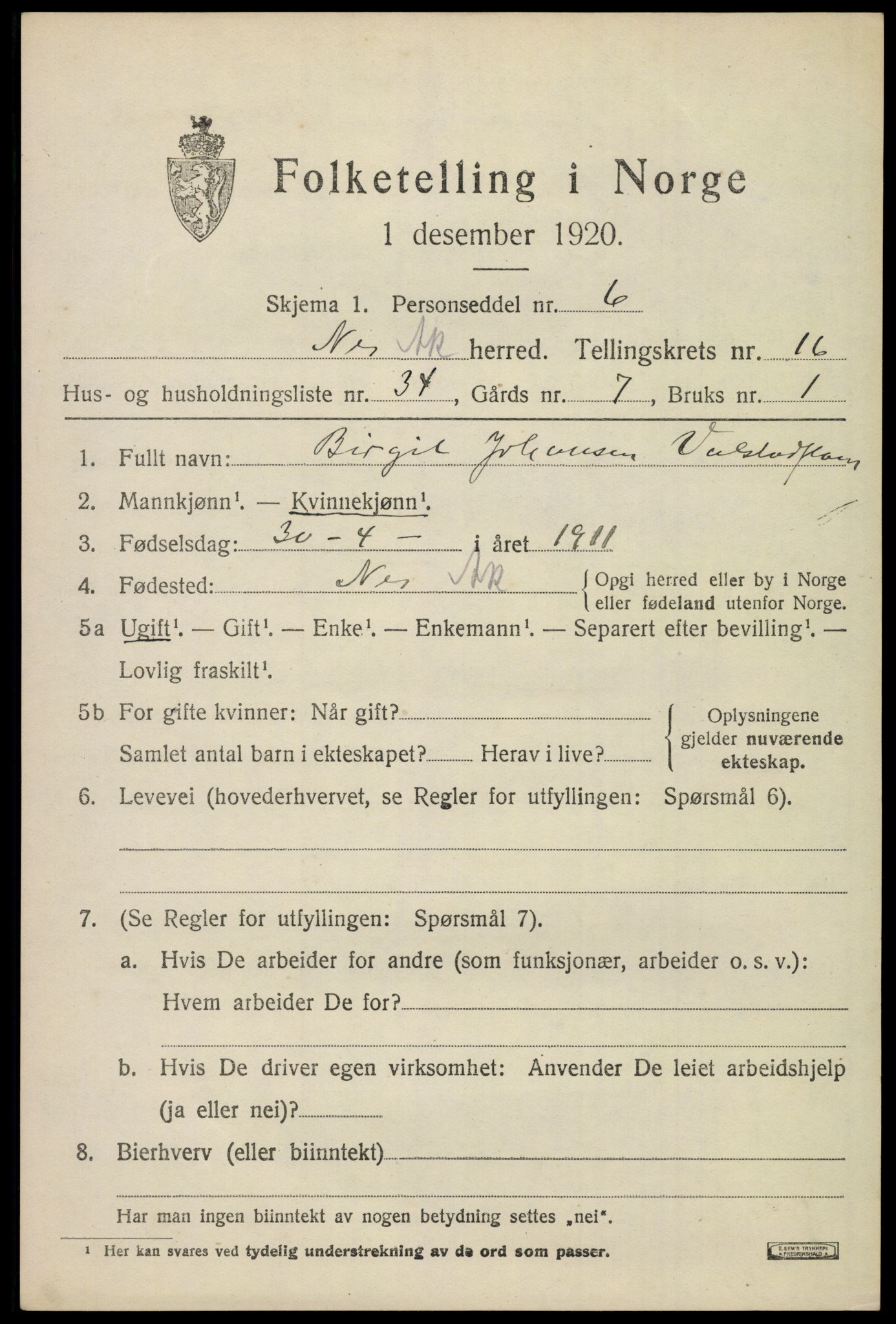 SAO, 1920 census for Nes, 1920, p. 16152