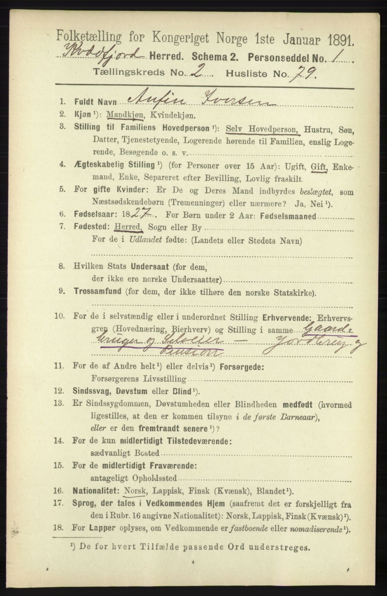 RA, 1891 census for 1911 Kvæfjord, 1891, p. 1183