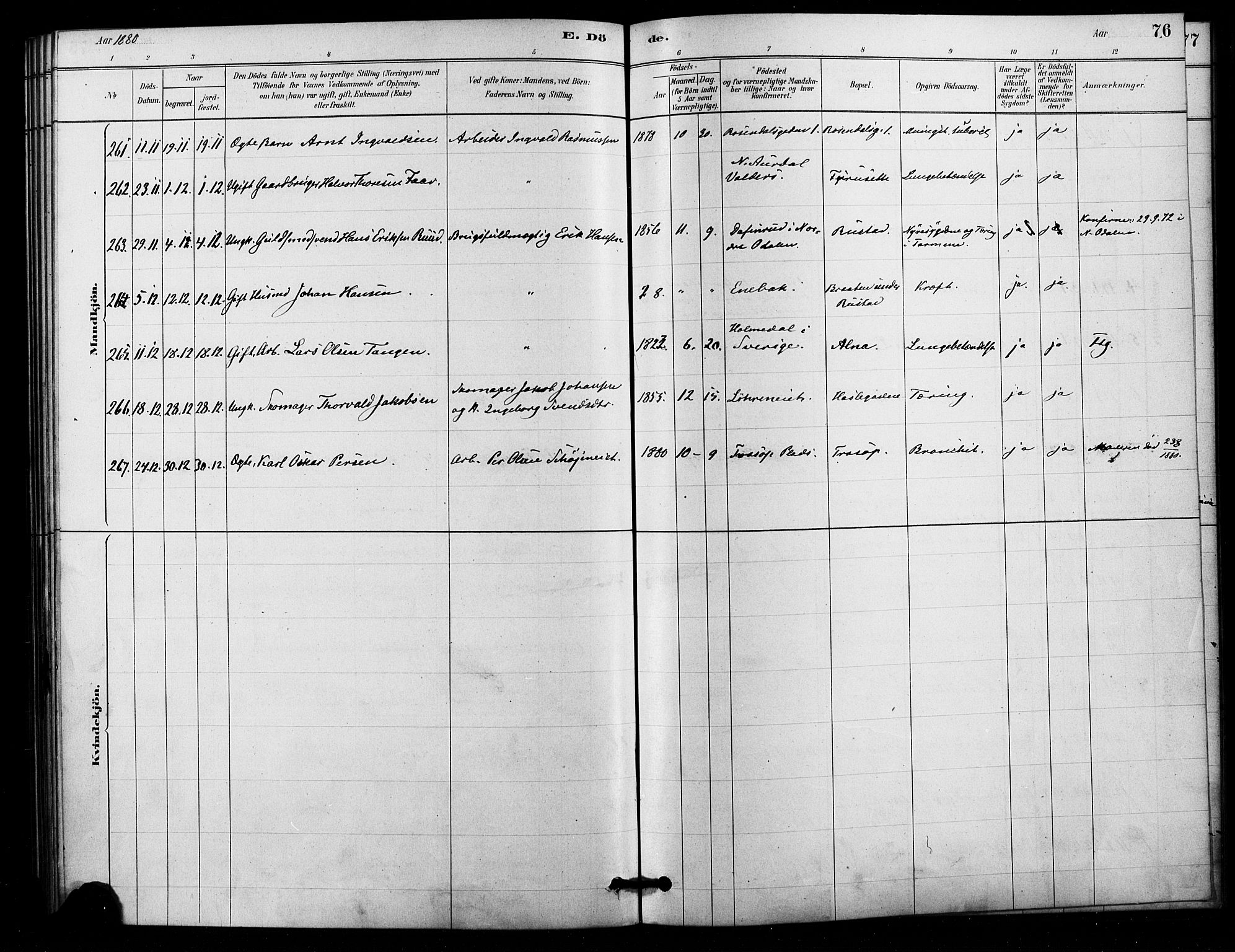 Østre Aker prestekontor Kirkebøker, AV/SAO-A-10840/F/Fa/L0006: Parish register (official) no. I 6, 1879-1882, p. 76