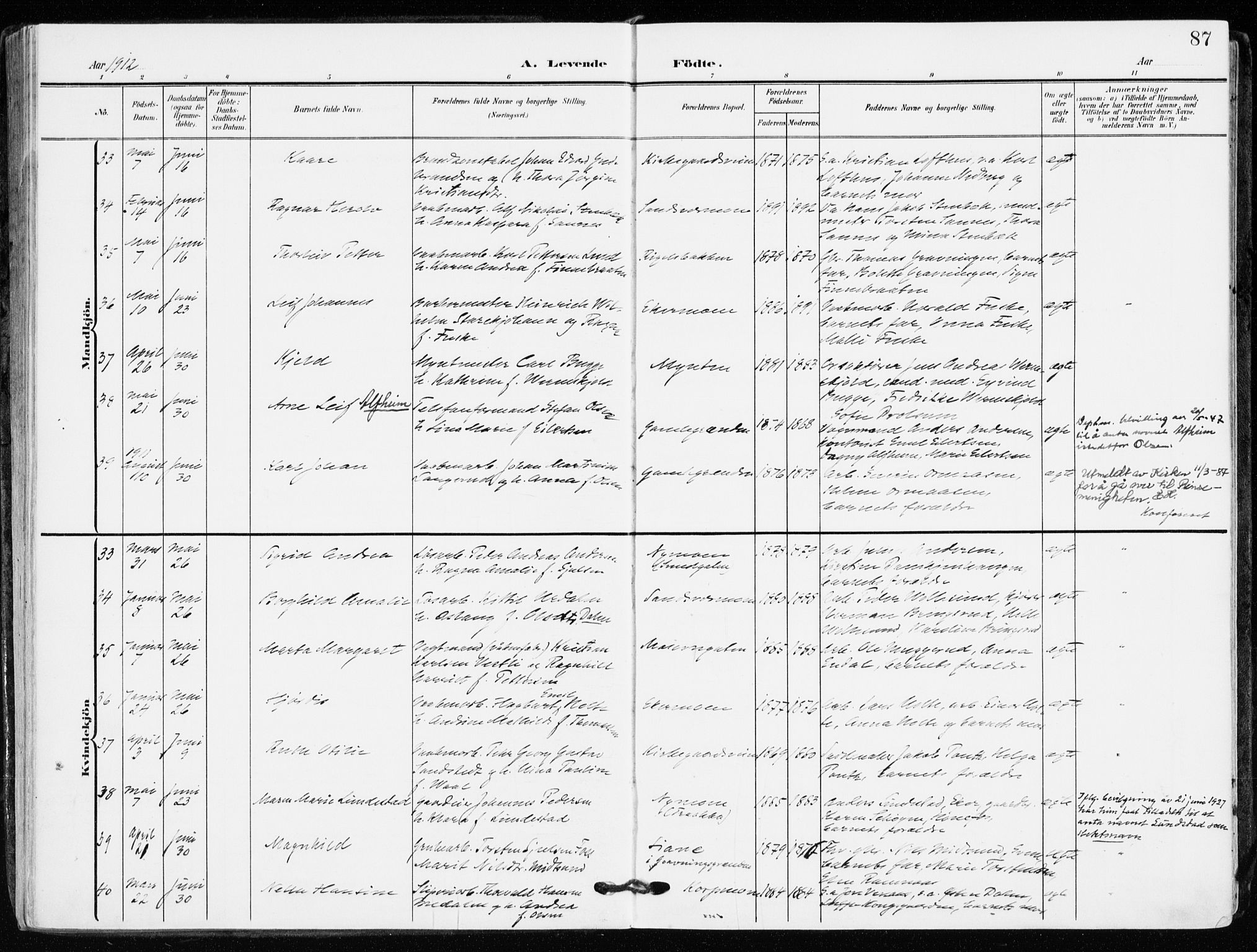 Kongsberg kirkebøker, SAKO/A-22/F/Fb/L0004: Parish register (official) no. II 4, 1906-1918, p. 87