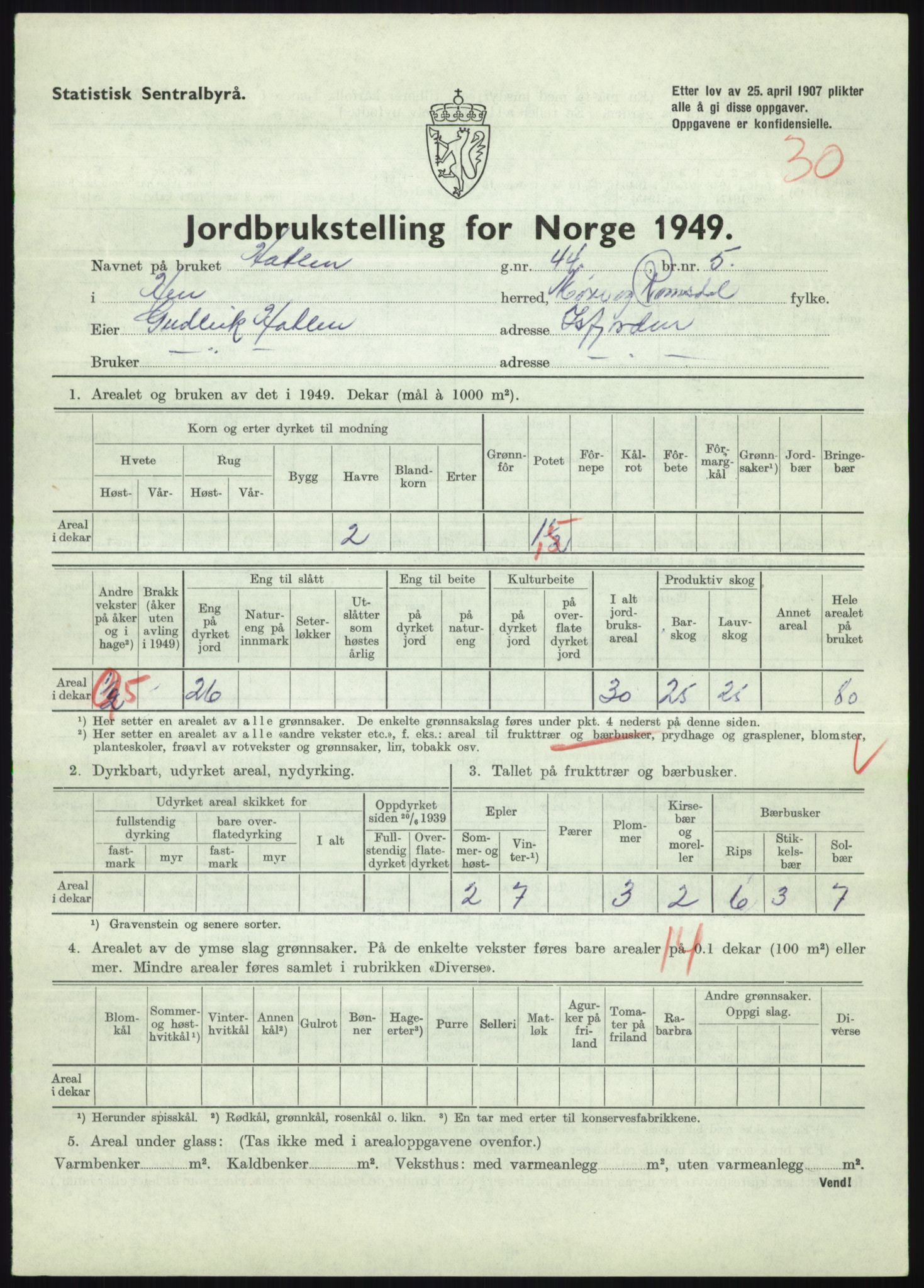 Statistisk sentralbyrå, Næringsøkonomiske emner, Jordbruk, skogbruk, jakt, fiske og fangst, AV/RA-S-2234/G/Gc/L0323: Møre og Romsdal: Grytten og Hen, 1949, p. 679