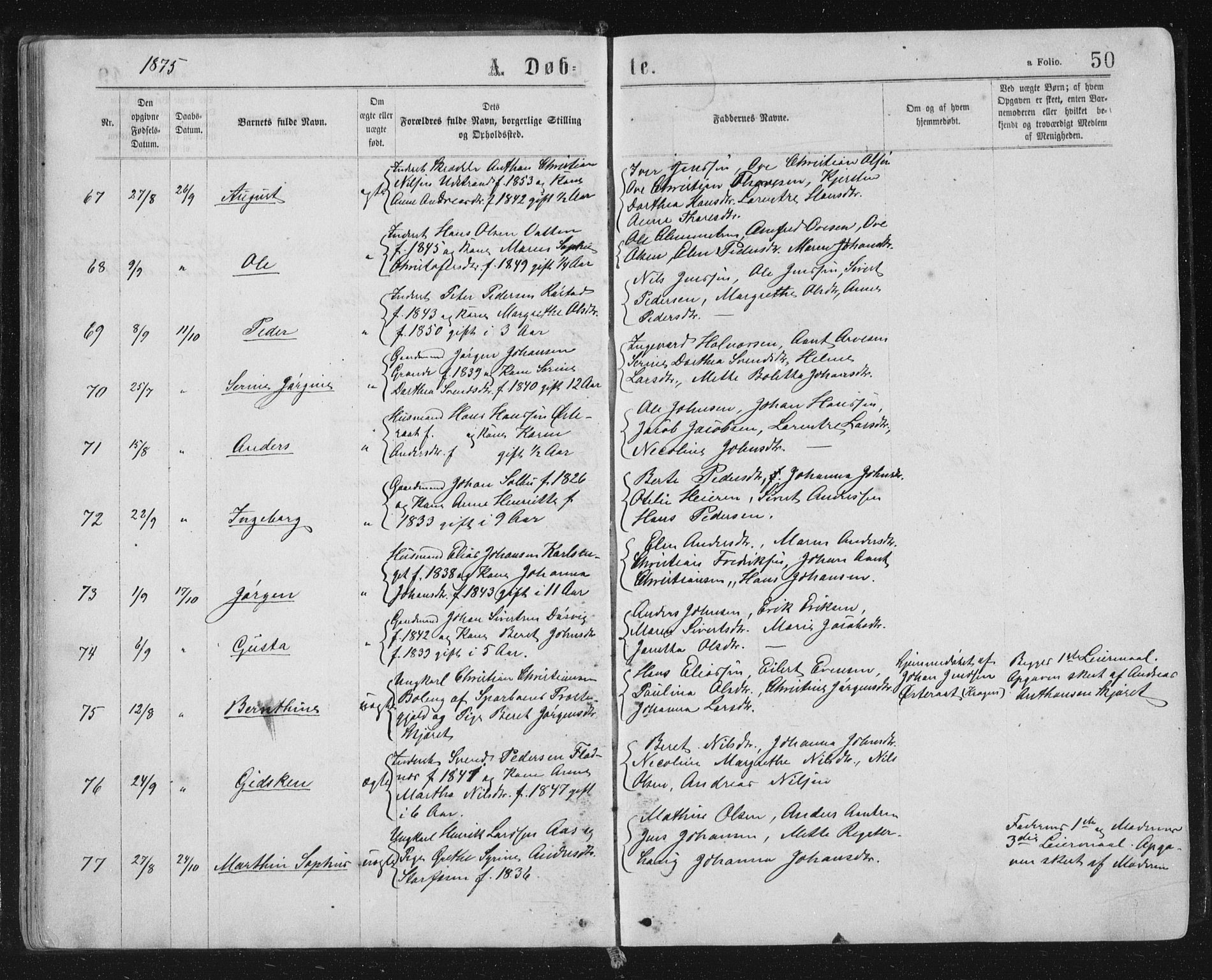 Ministerialprotokoller, klokkerbøker og fødselsregistre - Sør-Trøndelag, SAT/A-1456/659/L0745: Parish register (copy) no. 659C02, 1869-1892, p. 50