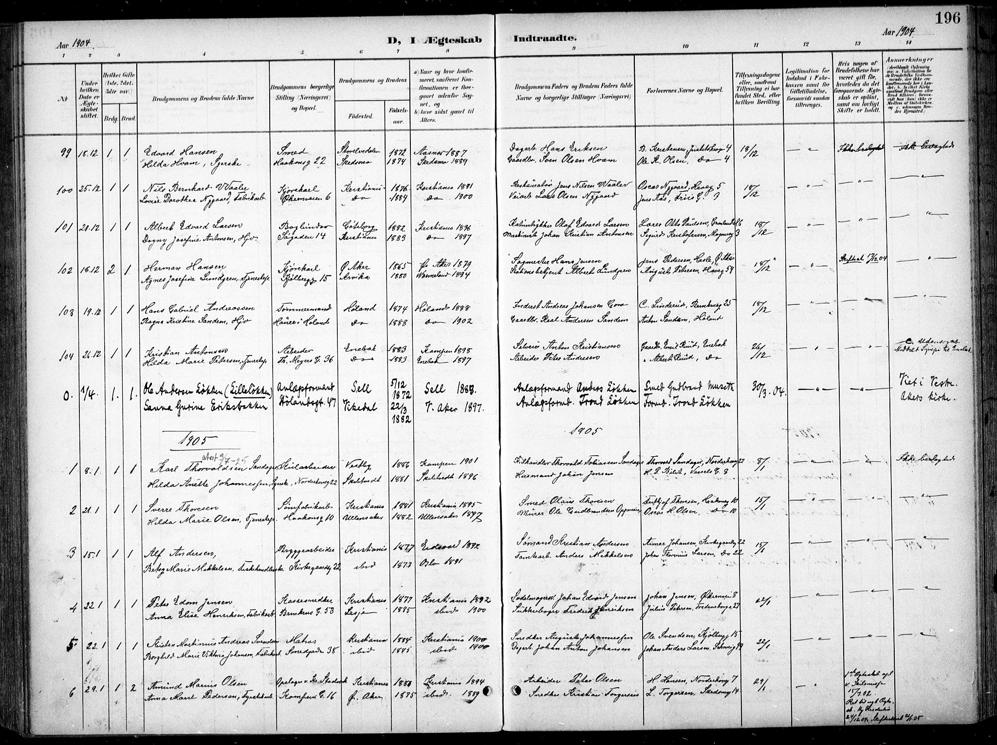 Kampen prestekontor Kirkebøker, SAO/A-10853/F/Fa/L0009: Parish register (official) no. I 9, 1899-1911, p. 196