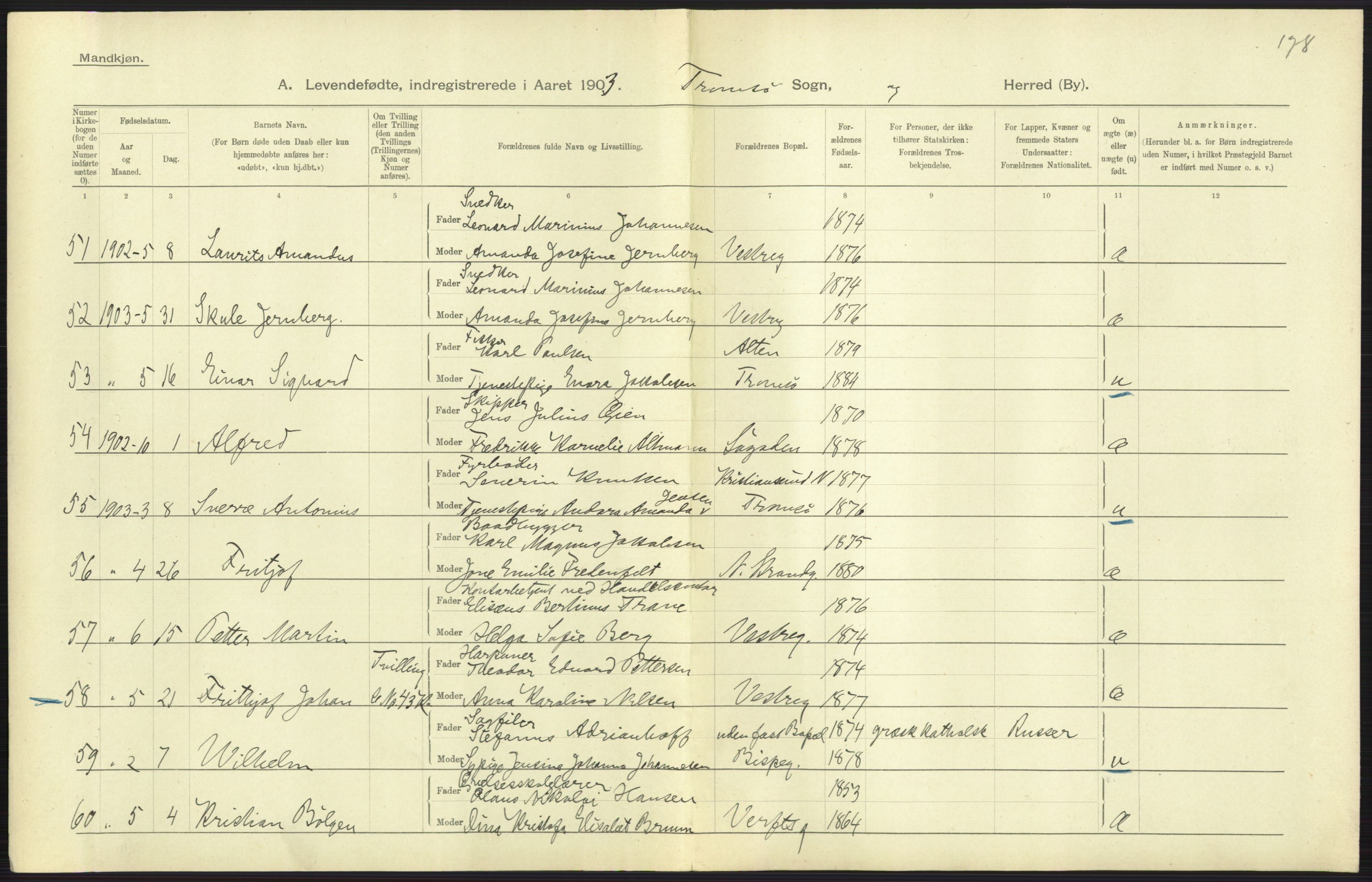 Statistisk sentralbyrå, Sosiodemografiske emner, Befolkning, AV/RA-S-2228/D/Df/Dfa/Dfaa/L0021: Tromsø amt: Fødte, gifte, døde., 1903, p. 287