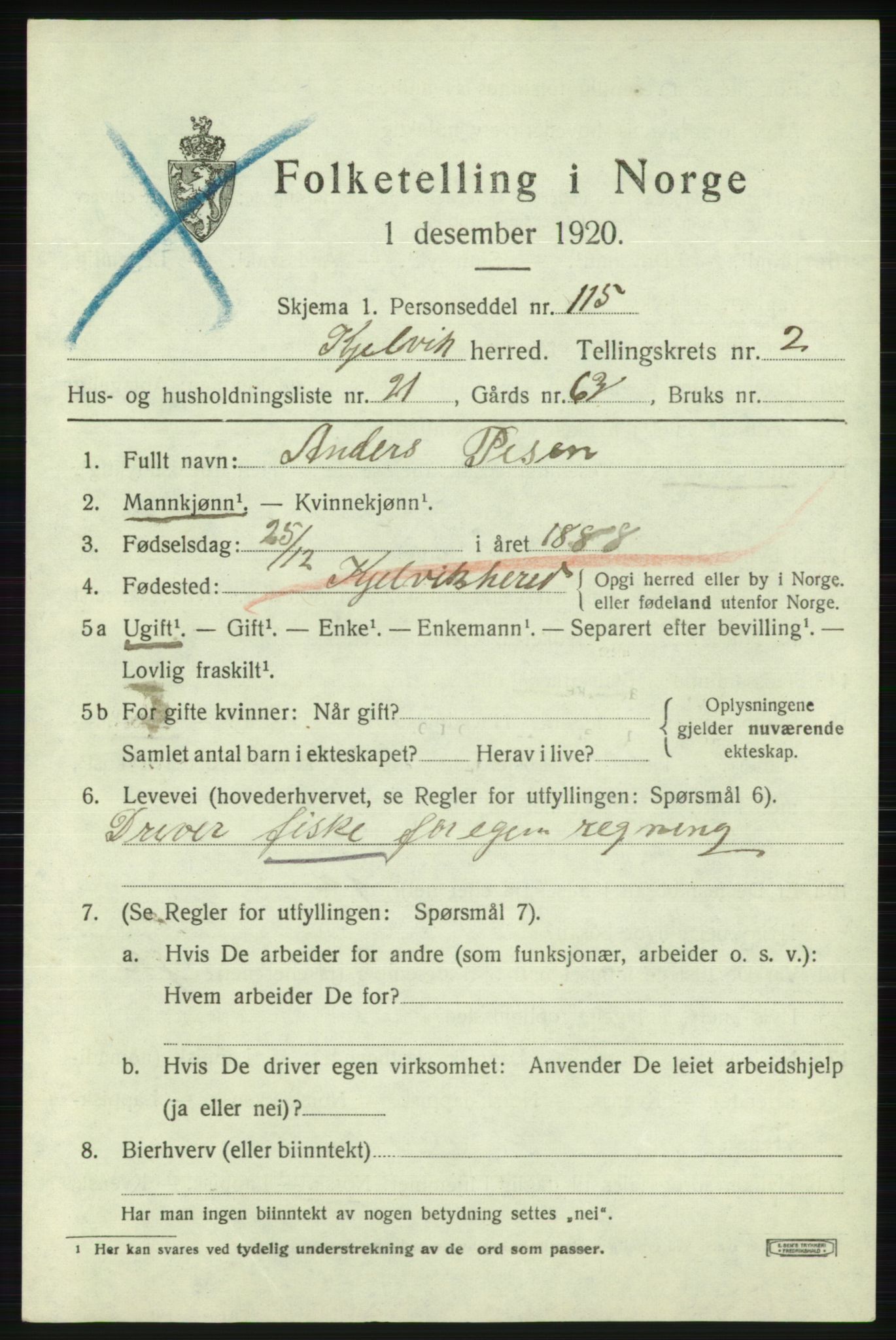 SATØ, 1920 census for Kjelvik, 1920, p. 1615
