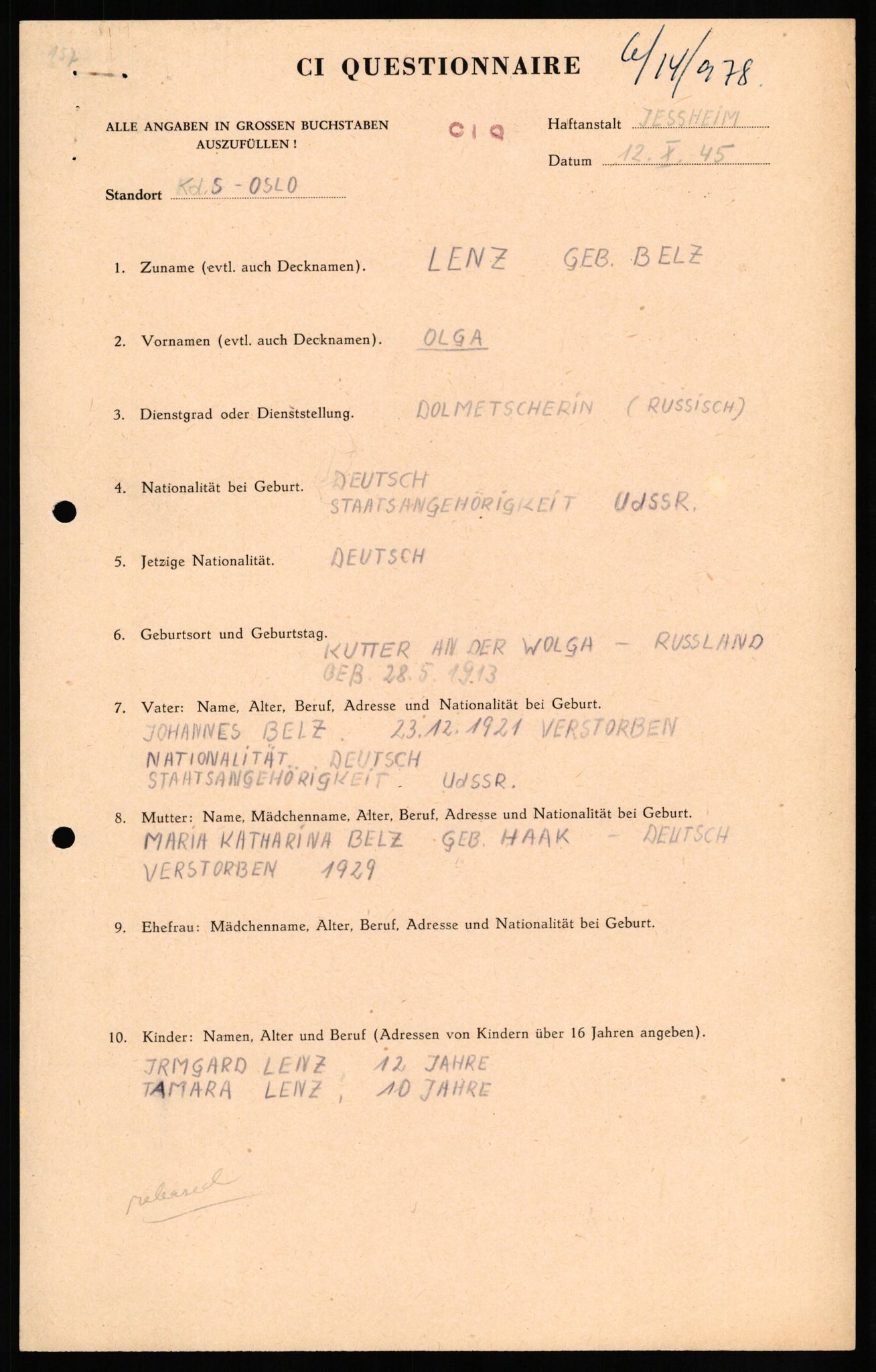 Forsvaret, Forsvarets overkommando II, RA/RAFA-3915/D/Db/L0020: CI Questionaires. Tyske okkupasjonsstyrker i Norge. Tyskere., 1945-1946, p. 107