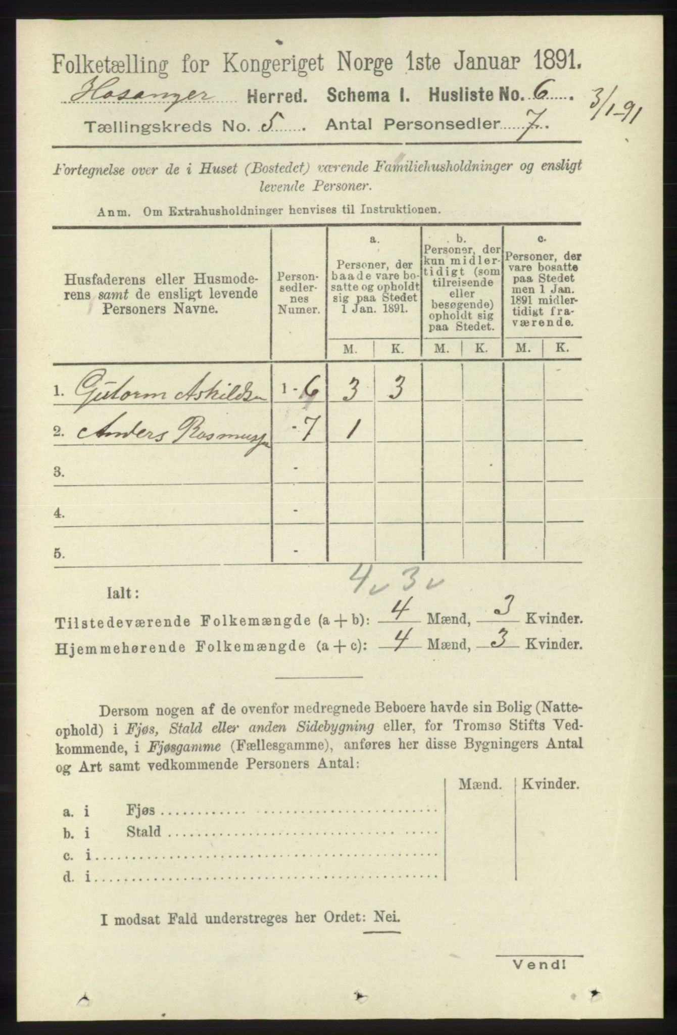 RA, 1891 census for 1253 Hosanger, 1891, p. 1745