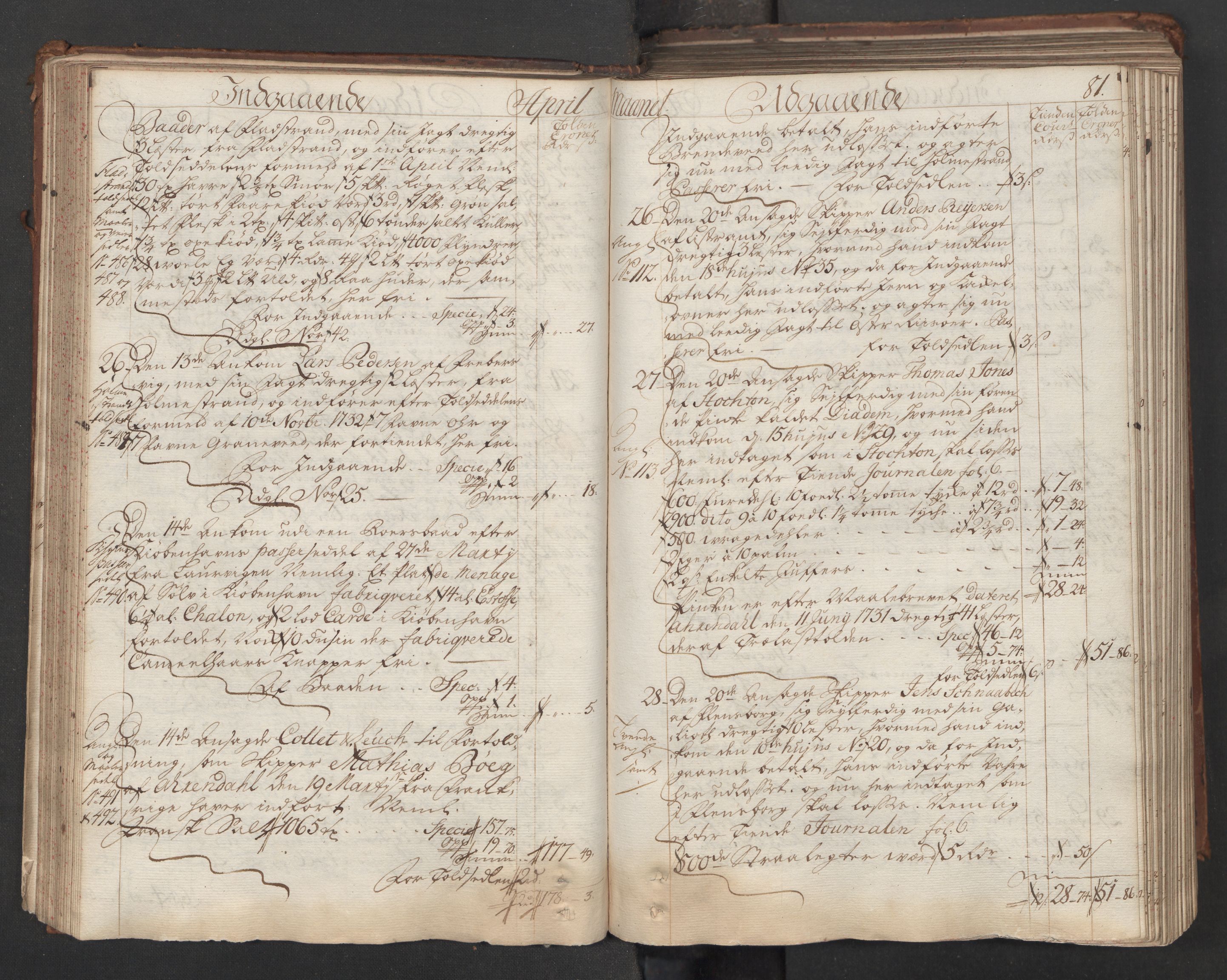 Generaltollkammeret, tollregnskaper, AV/RA-EA-5490/R06/L0015/0001: Tollregnskaper Kristiania / Hovedtollbok, 1733, p. 80b-81a