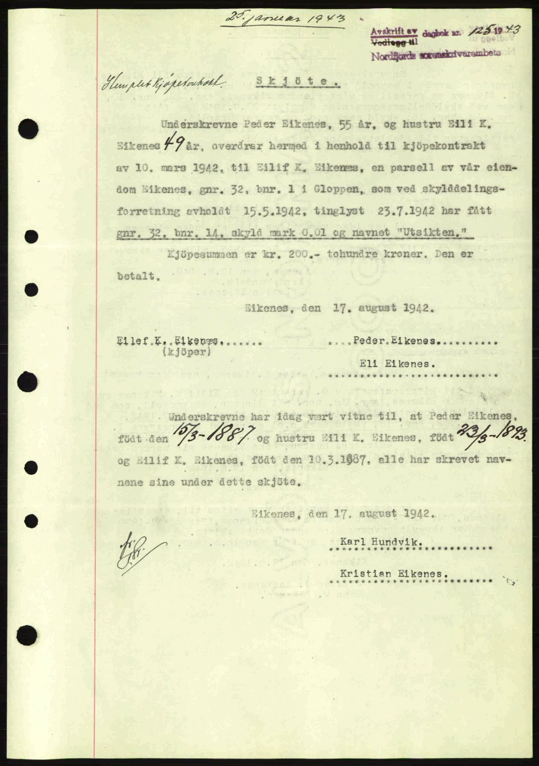 Nordfjord sorenskriveri, AV/SAB-A-2801/02/02b/02bj/L0007: Mortgage book no. A7, 1941-1943, Diary no: : 125/1943