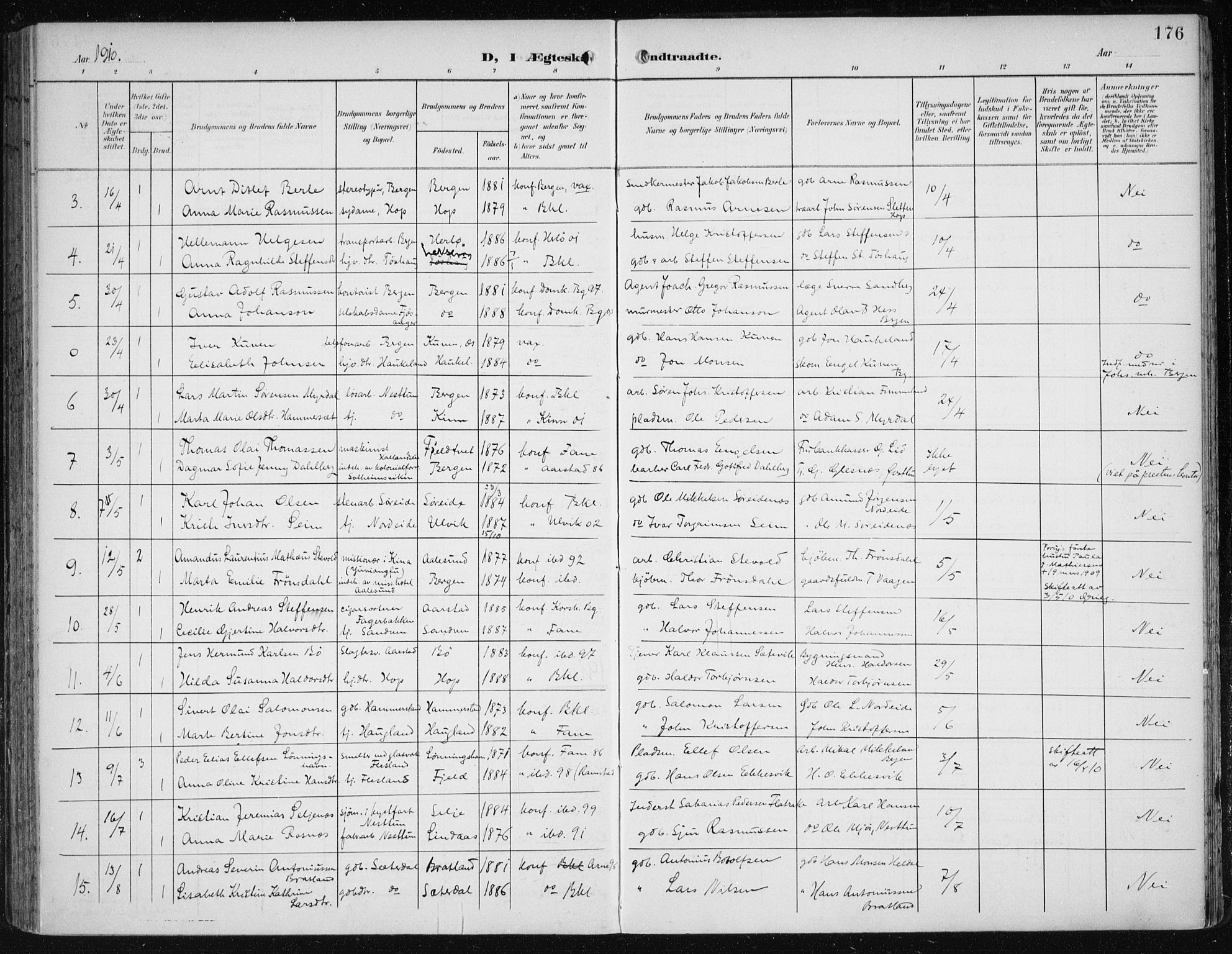 Fana Sokneprestembete, AV/SAB-A-75101/H/Haa/Haai/L0003: Parish register (official) no. I 3, 1900-1912, p. 176