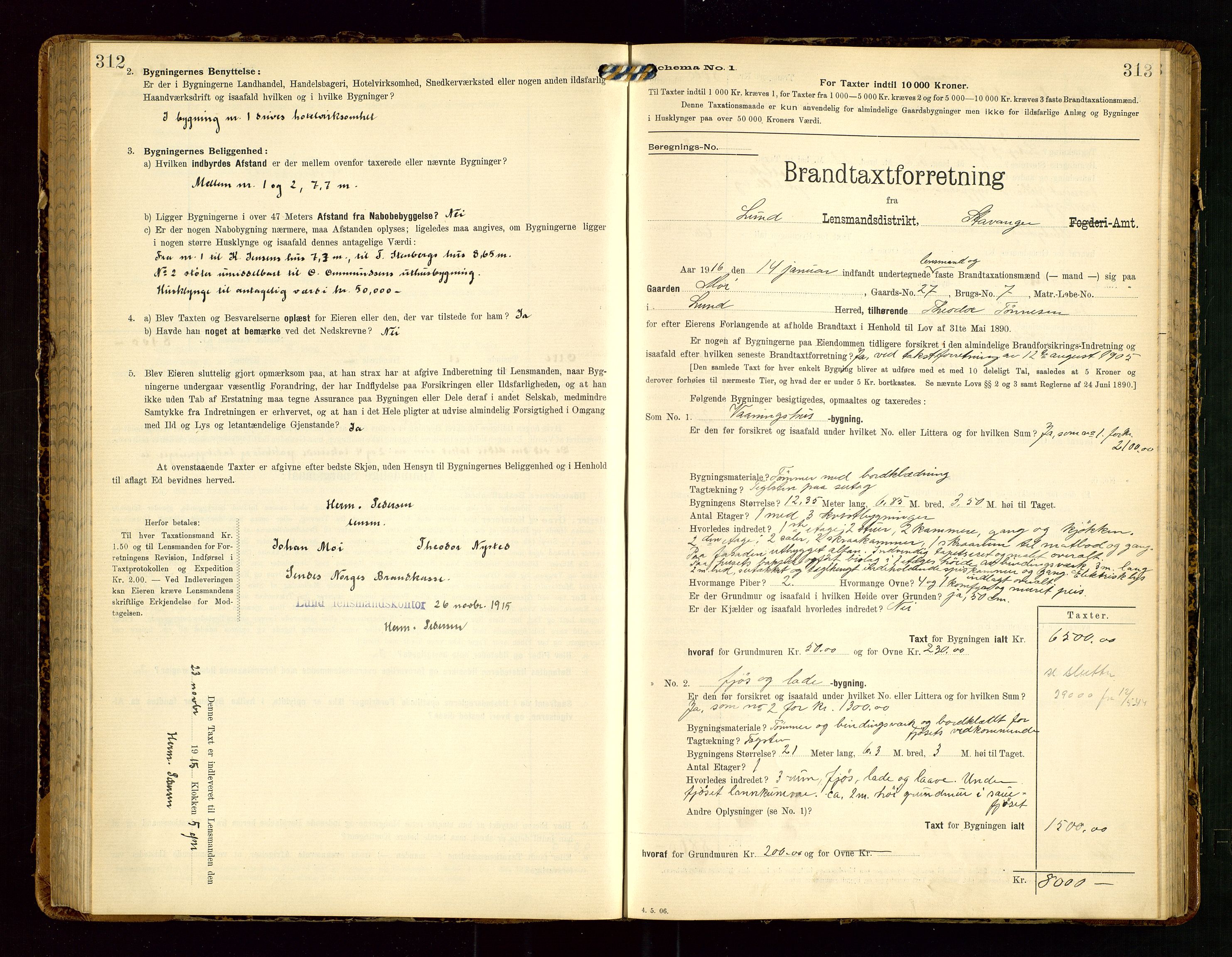 Lund lensmannskontor, SAST/A-100303/Gob/L0002: "Brandtakstprotokol", 1908-1918, p. 312-313