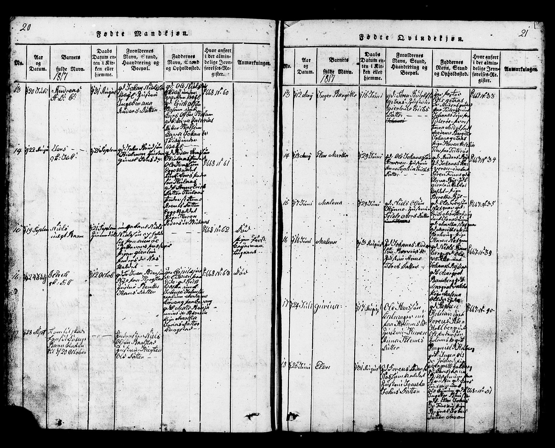 Ministerialprotokoller, klokkerbøker og fødselsregistre - Nord-Trøndelag, SAT/A-1458/717/L0169: Parish register (copy) no. 717C01, 1816-1834, p. 20-21