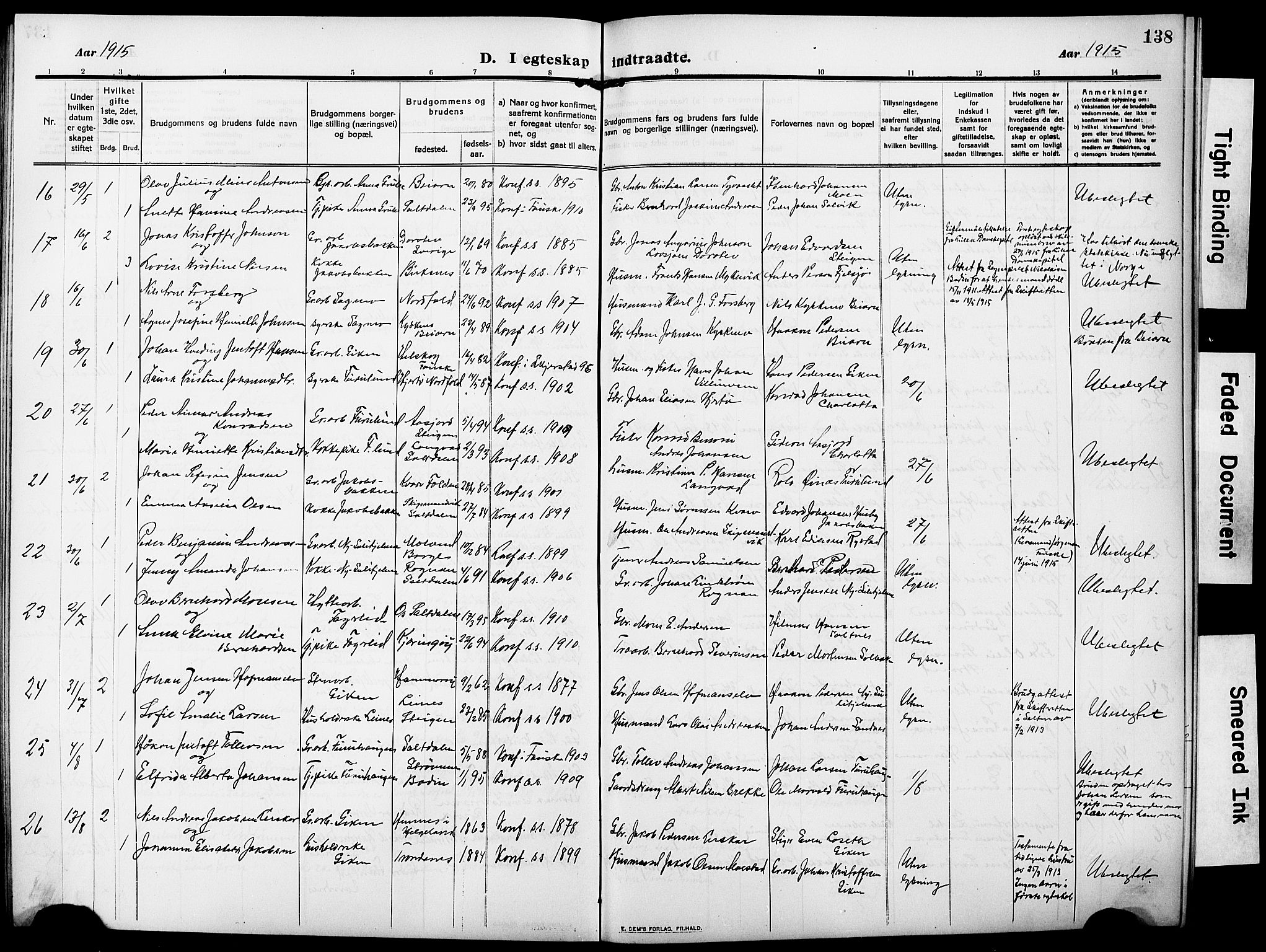 Ministerialprotokoller, klokkerbøker og fødselsregistre - Nordland, AV/SAT-A-1459/850/L0710: Parish register (official) no. 850A02, 1910-1920, p. 138