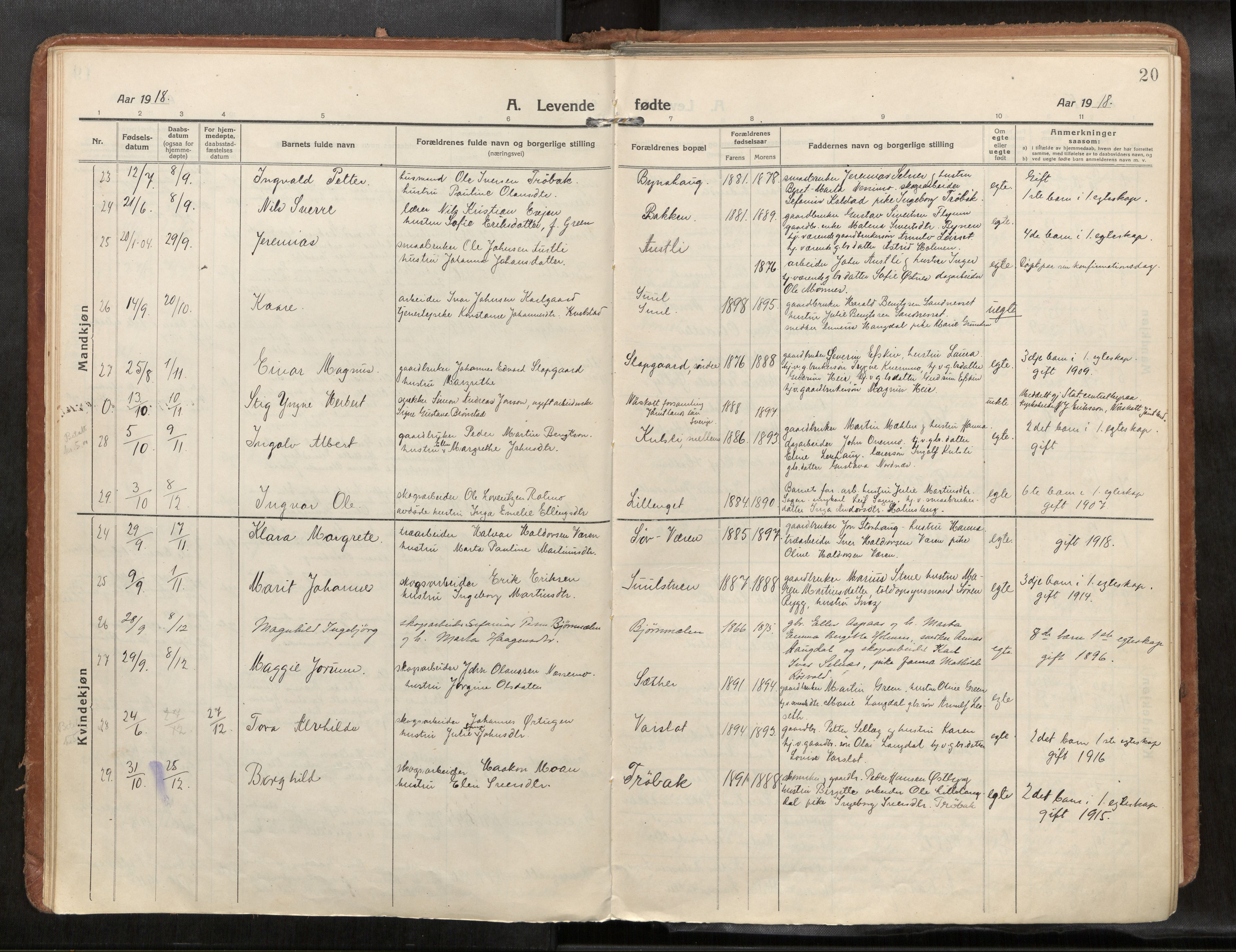 Verdal sokneprestkontor, SAT/A-1156/2/H/Haa/L0004: Parish register (official) no. 4, 1916-1928, p. 20