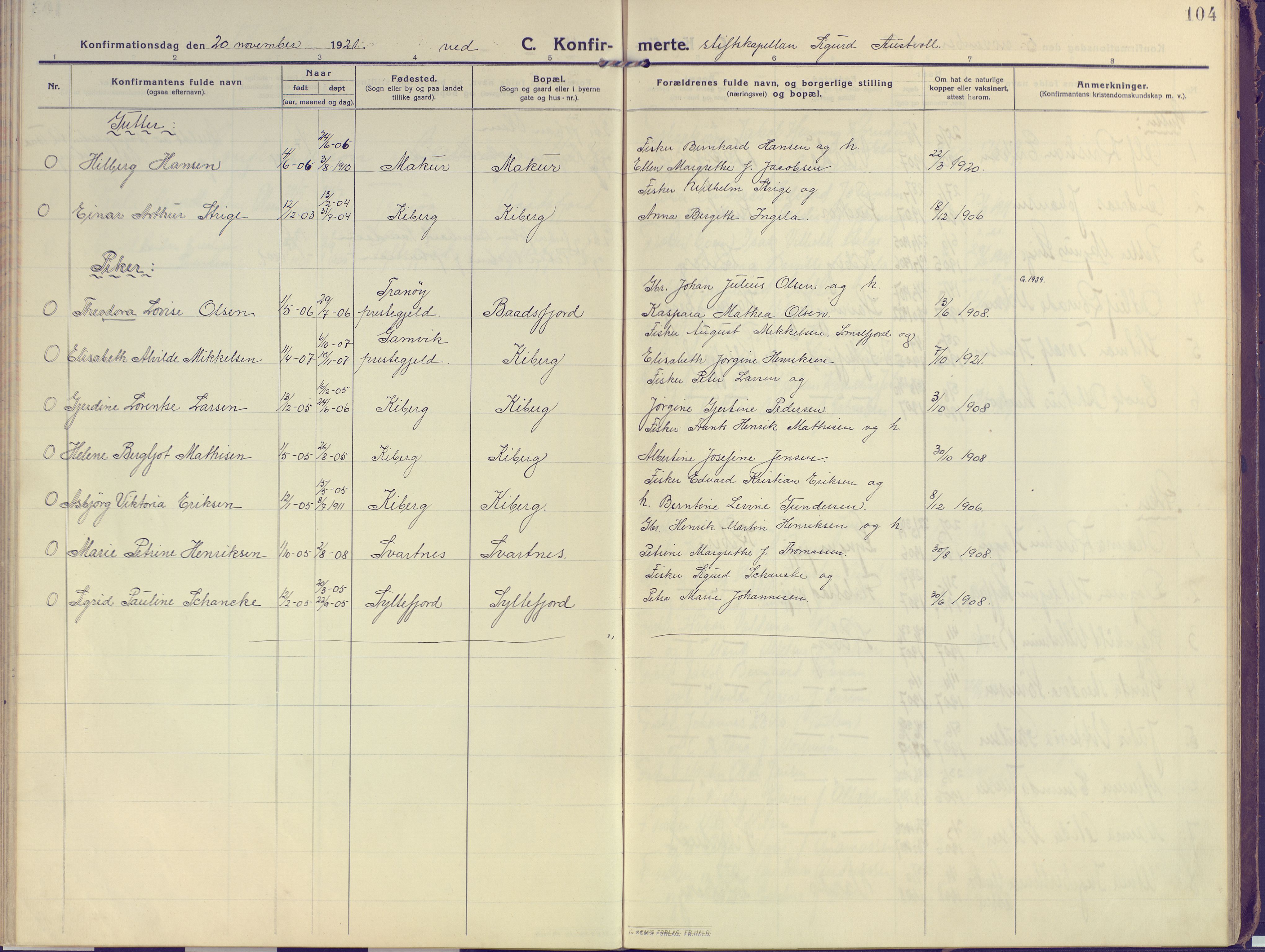 Vardø sokneprestkontor, SATØ/S-1332/H/Ha/L0013kirke: Parish register (official) no. 13, 1912-1928, p. 104
